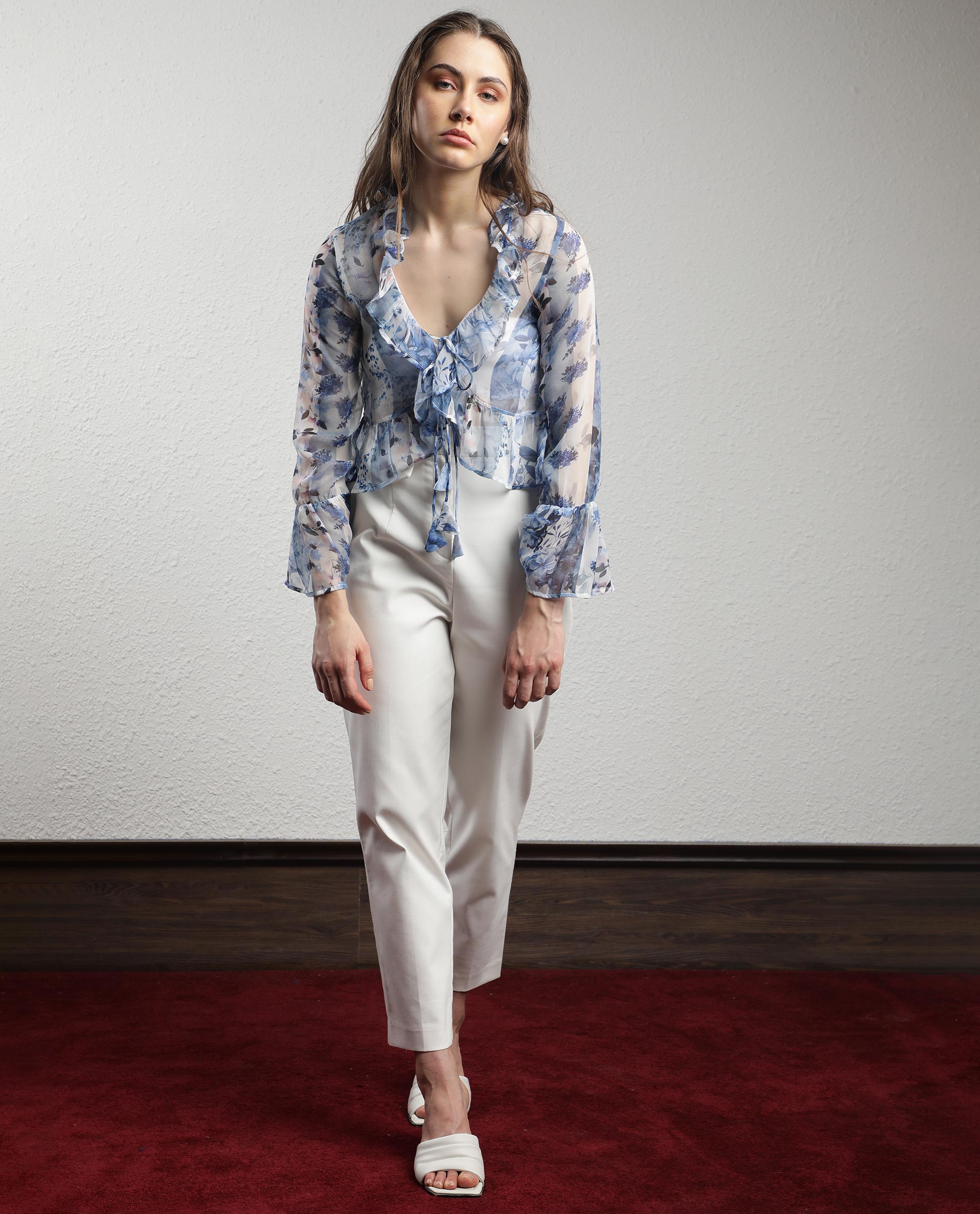 Rareism Women's Julieta Blue Polyester V-Neck Floral Print Bell Sleeve Regular Fit Shrug