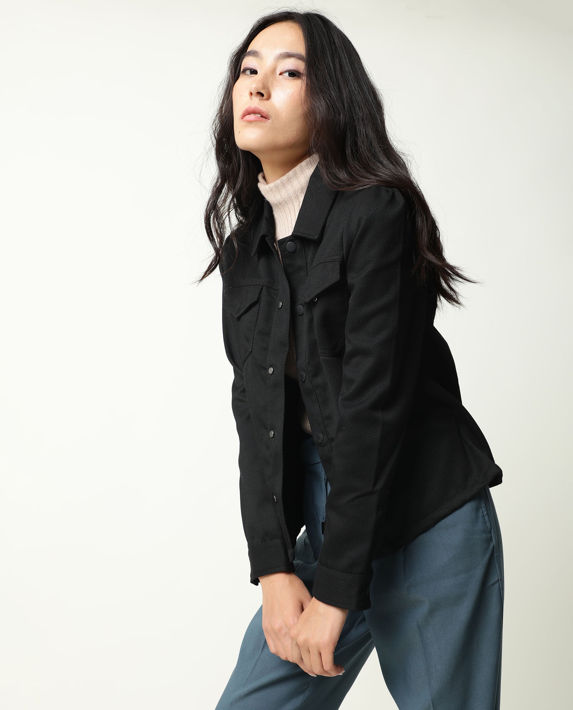 Rareism Women Taz Black Jacket Full Sleeves Solid