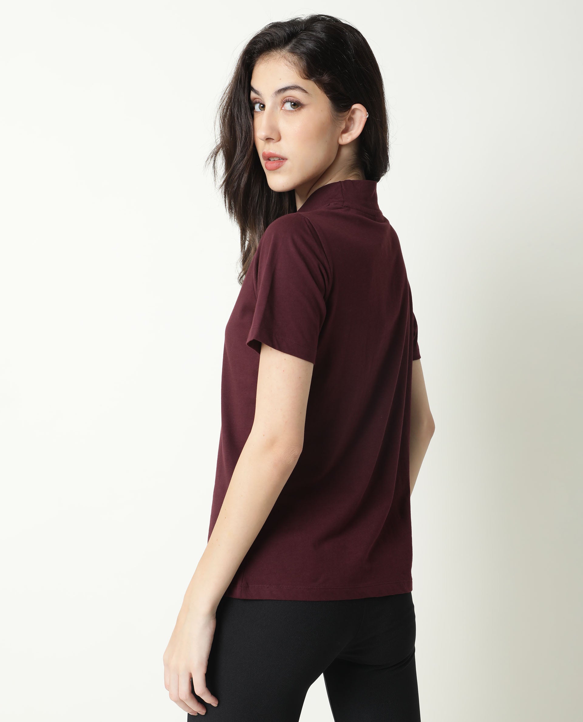 Rareism Women Zolten Maroon Cotton Fabric Regular Fit Half Sleeves Solid Crew Neck T-Shirt