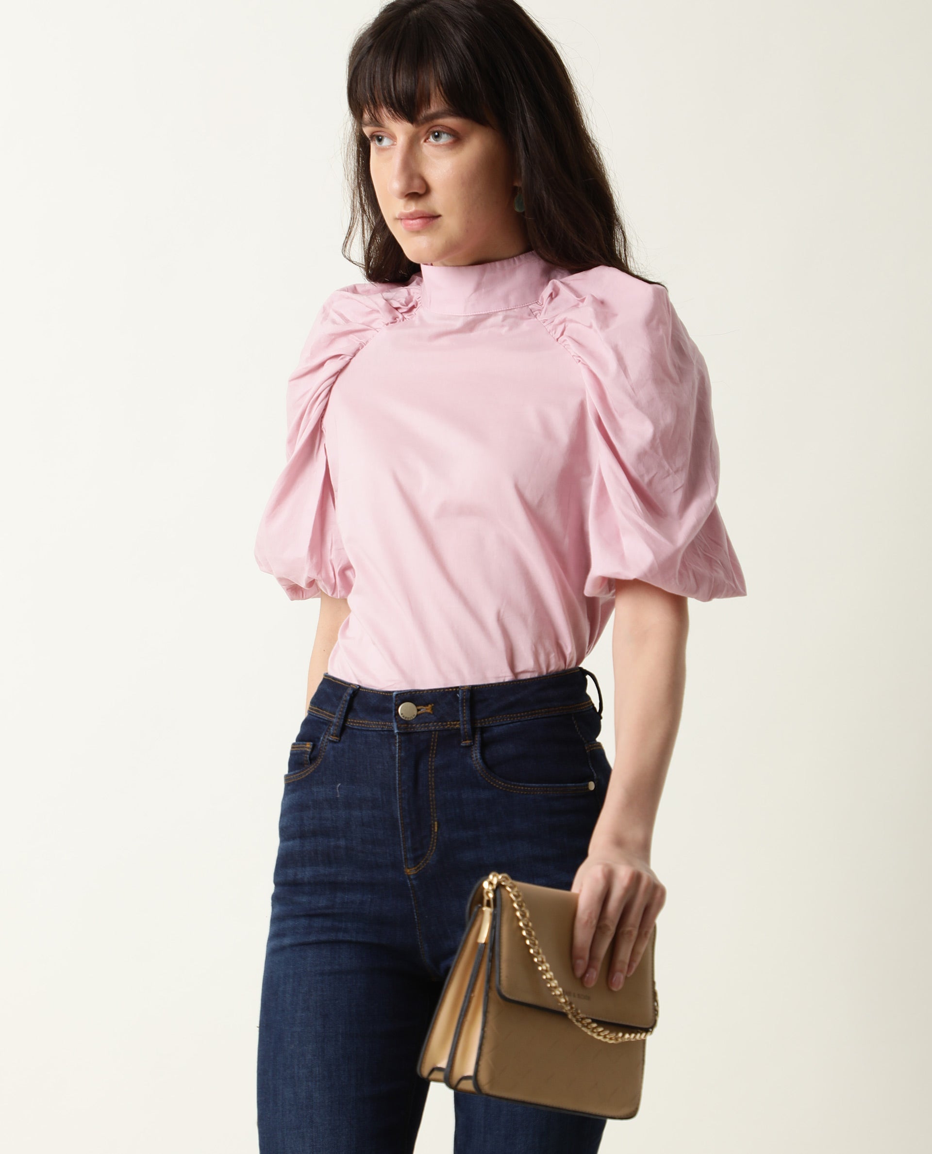 Rareism Womens Bobby Pink Top Cotton Fabric Half Sleeve High Neck