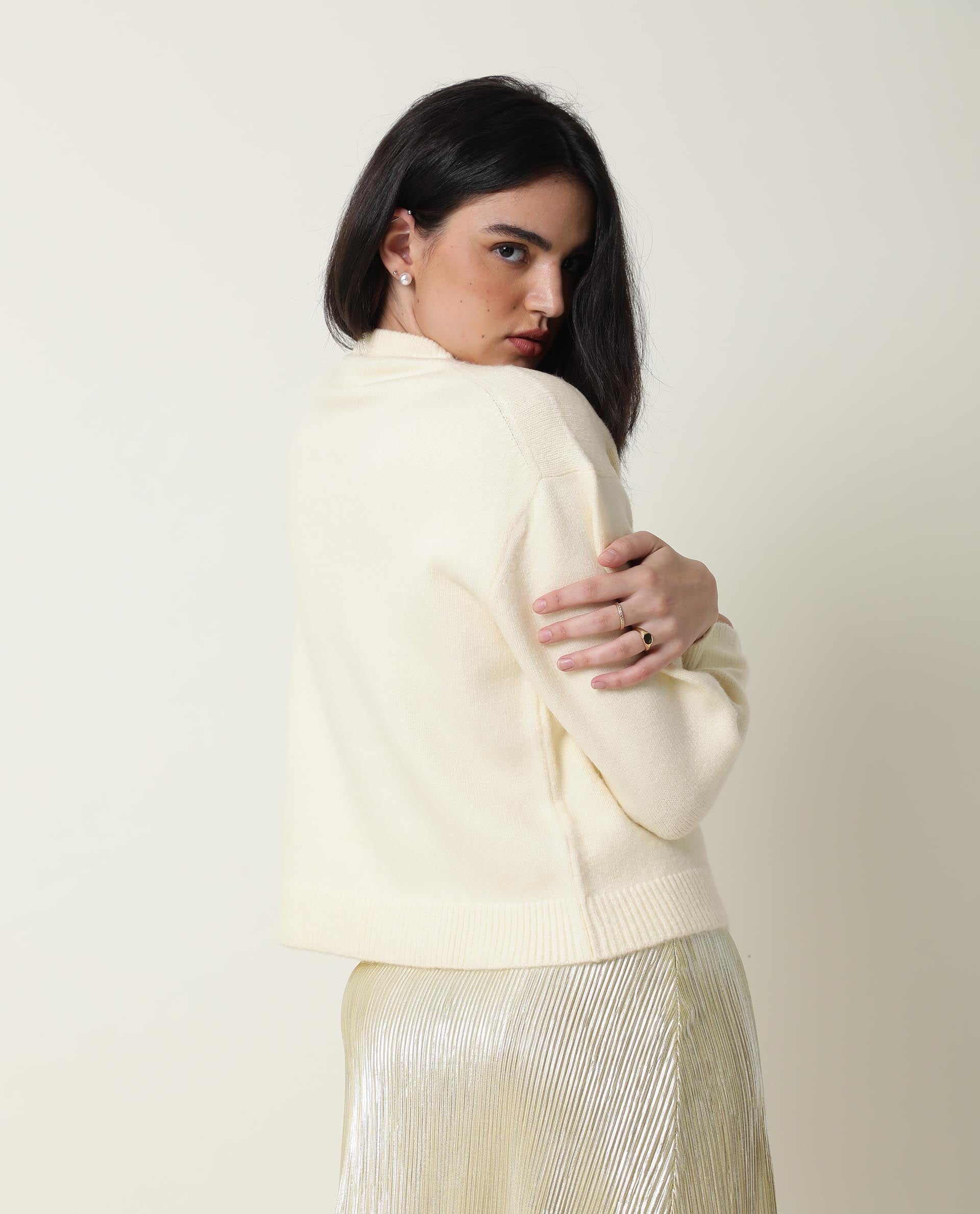Rareism Women's Tulsy Offwhite Acrylic Crew Neck Embellished Knee Length Regular Fit Sweater