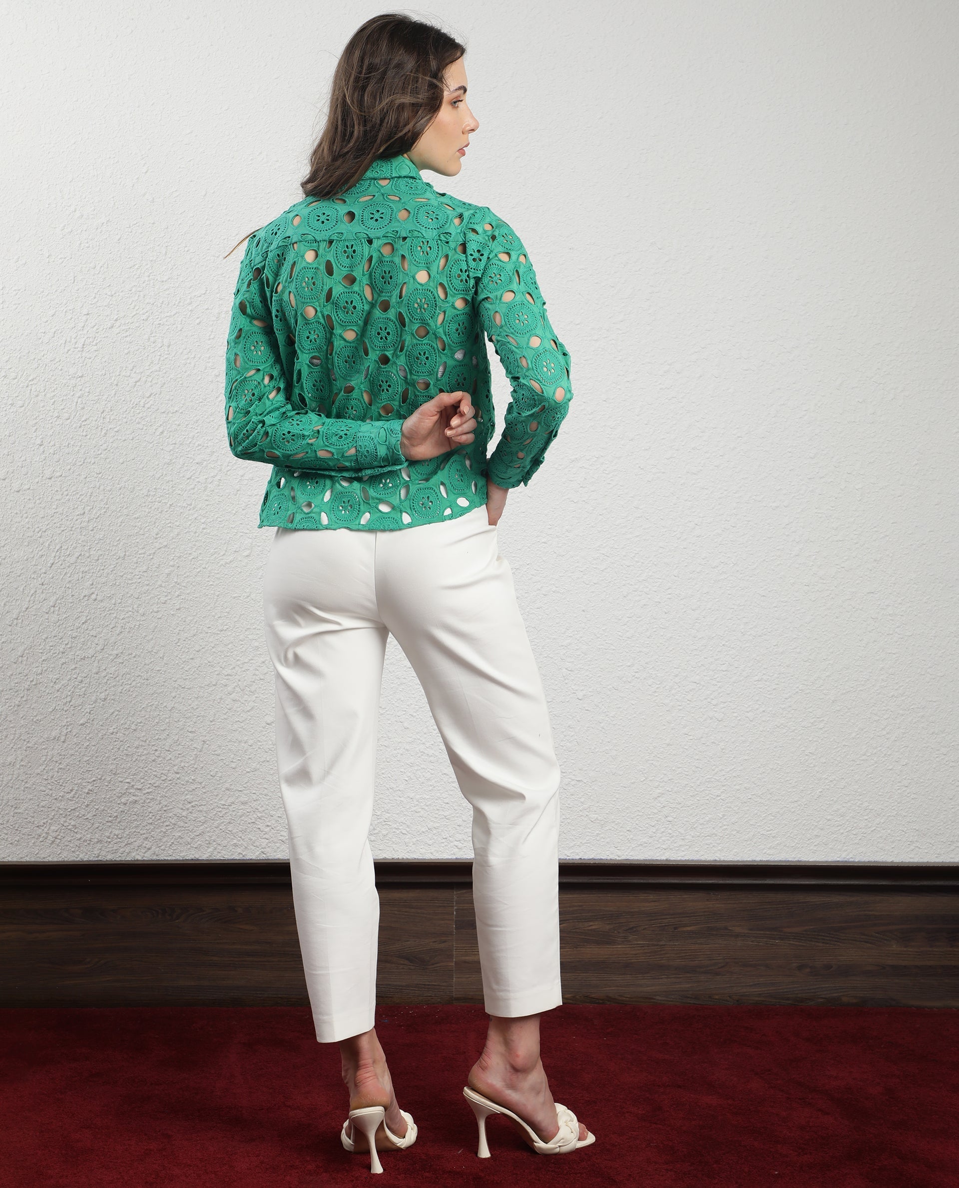 Rareism Women's Olivia Green Spread Collar Schiffli Knee Length Regular Fit Top