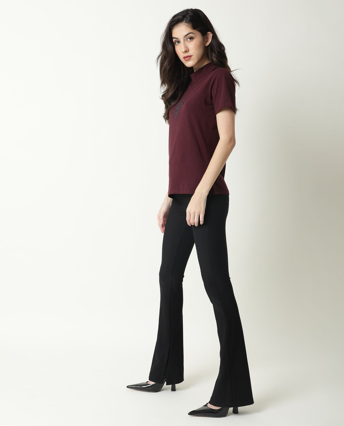 Rareism Women Zolten Maroon Cotton Fabric Regular Fit Half Sleeves Solid Crew Neck T-Shirt