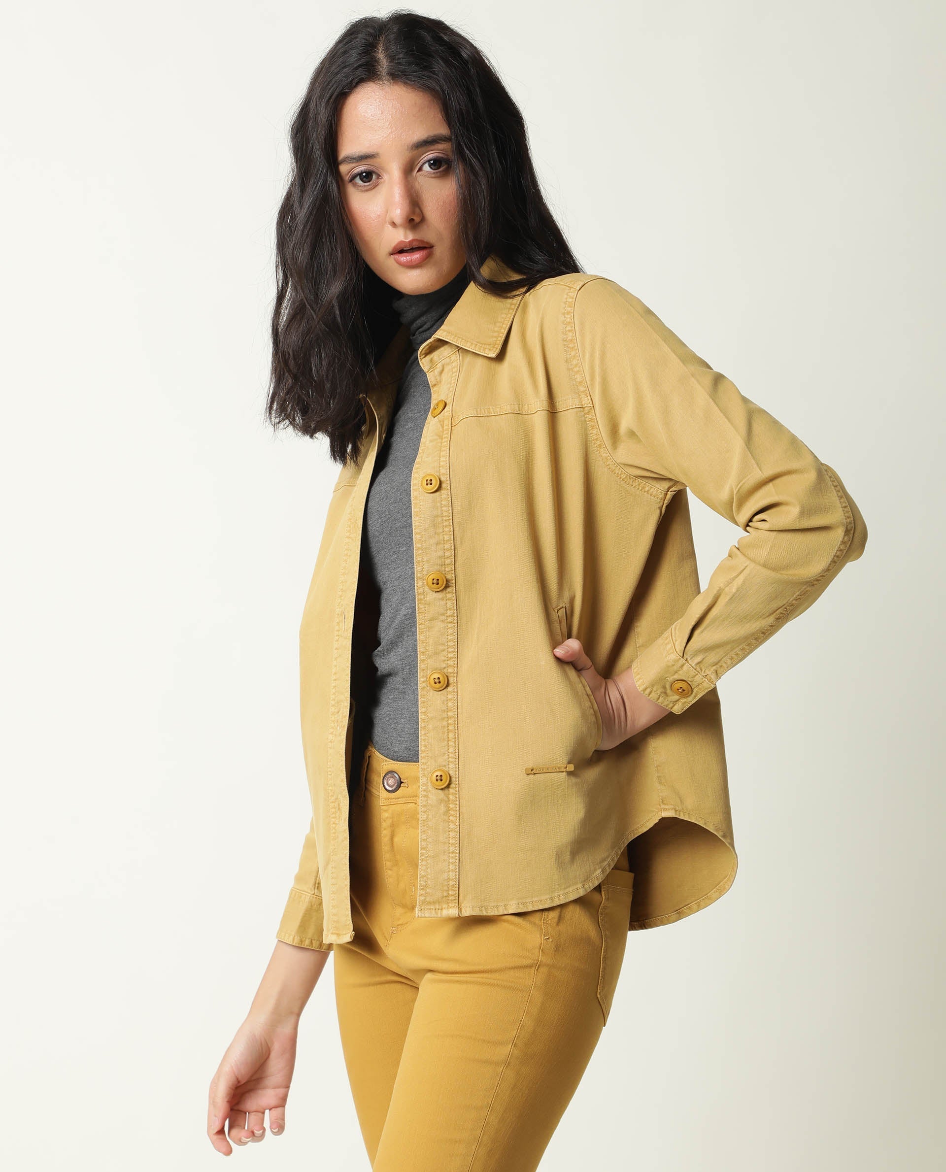 Rareism Women Mission Mustard Cotton Lycra Fabric Full Sleeves Solid Shirt Collar Jacket