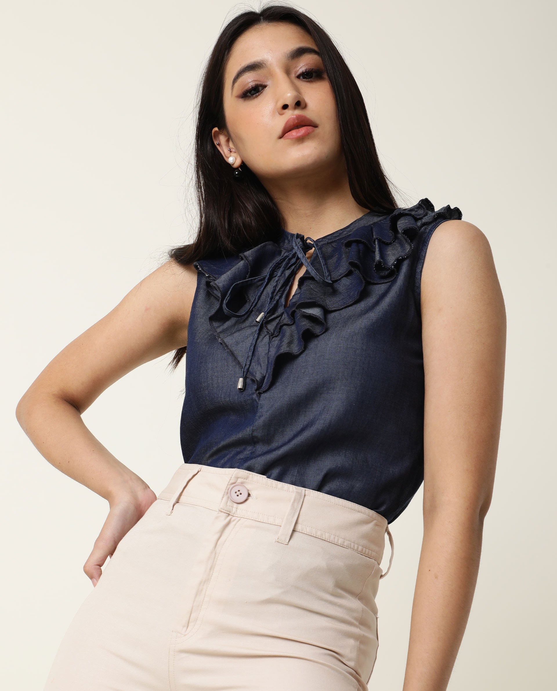 Rareism Women's Cage Navy Tencel Key Hole Neck Plain Sleeveless Tailored Top