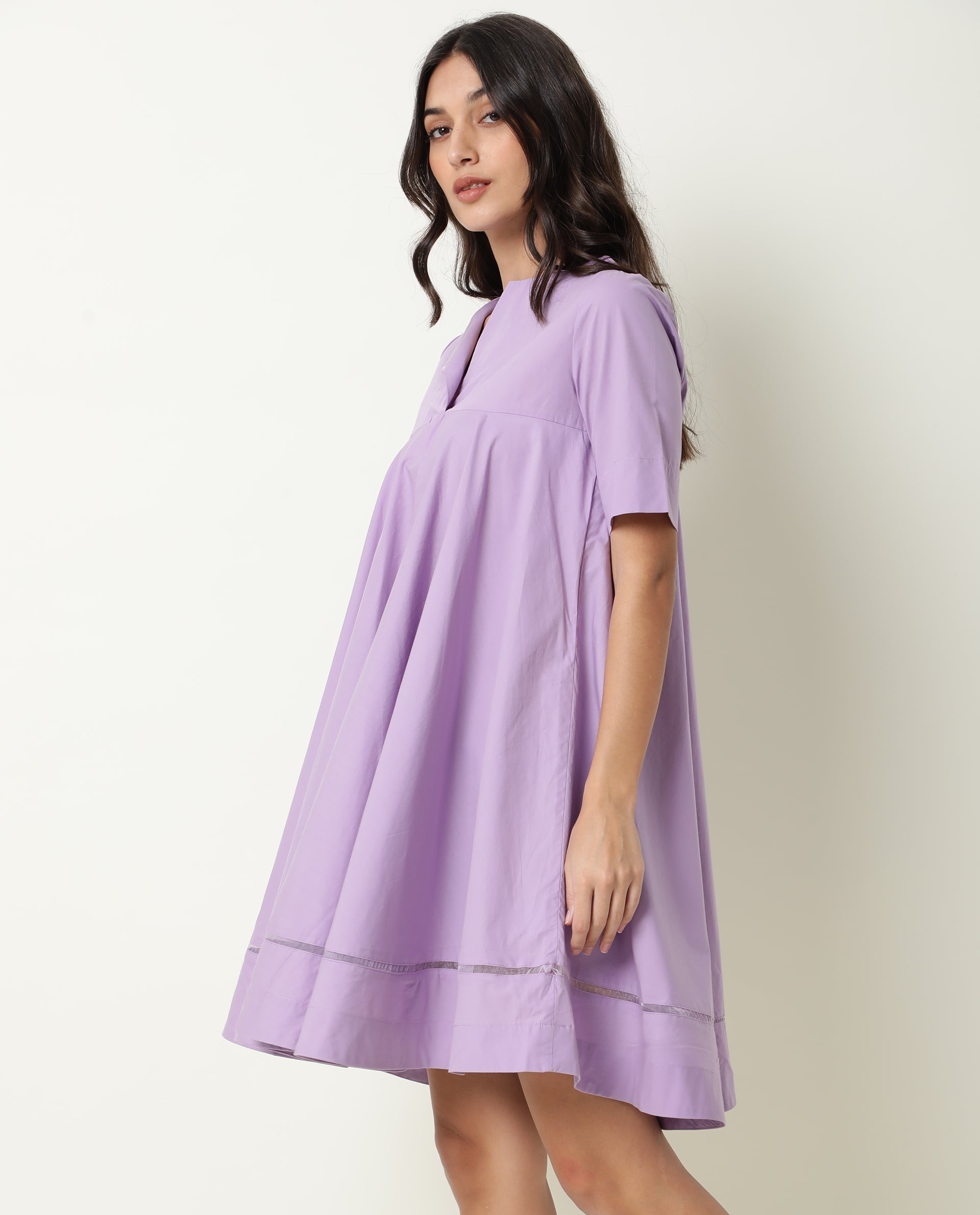 Rareism Women Scream Pastel Purple Cotton Fabric Half Sleeves Ruffled Neck Solid Knee Length Dress