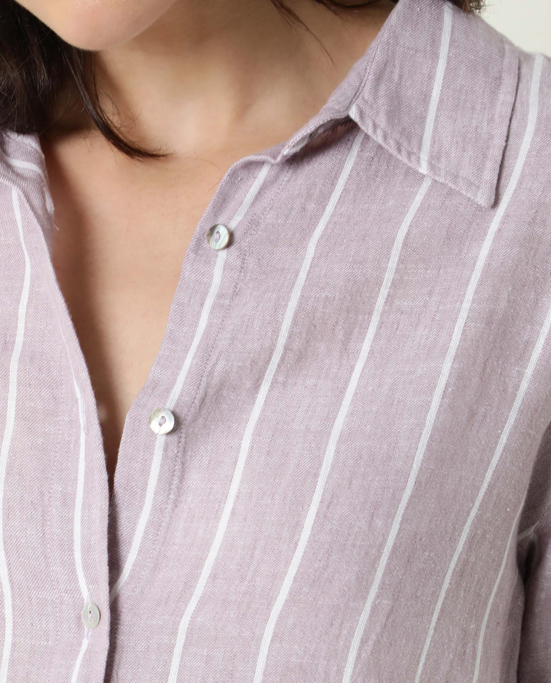 Rareism Women Vrish Pastel Purple Cotton Linen Fabric Relaxed Fit Collared Neck Full Sleeves Striped Top