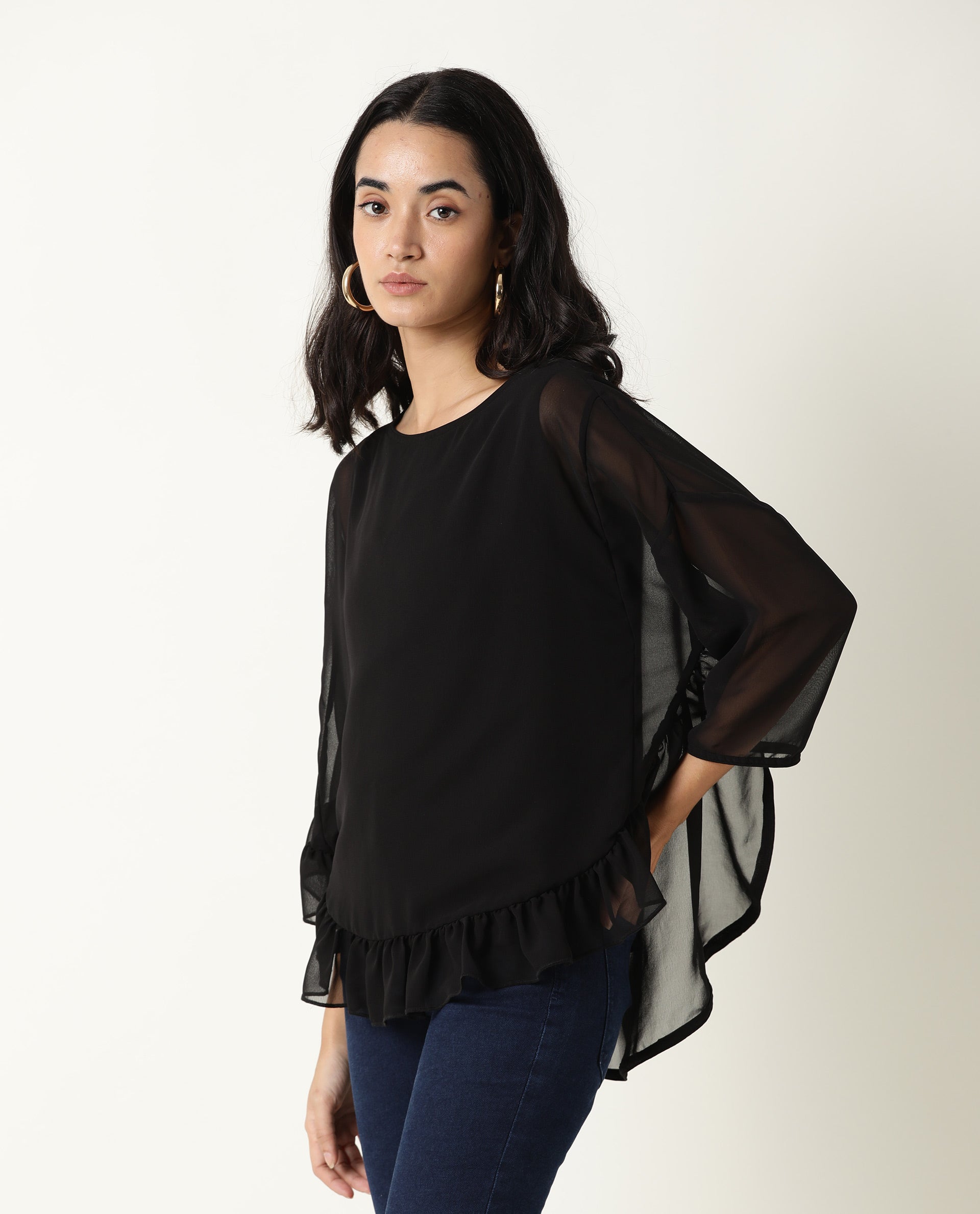 Rareism Women's Hold Black Polyester Crew Neck Plain Extended Sleeves Relaxed Fit Top