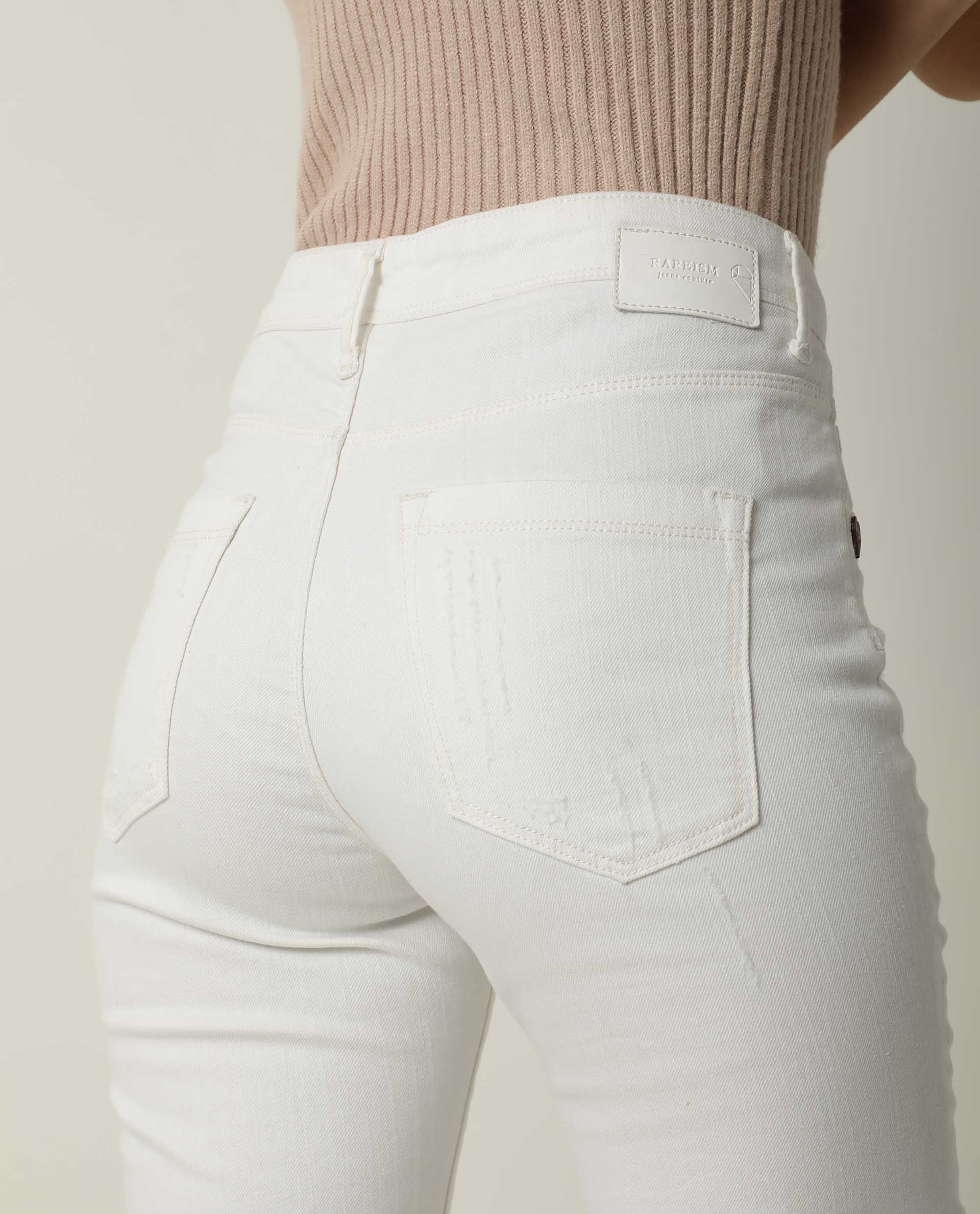 Rareism Women Gara White Cotton Fabric Mid Rise Solid Tailored Fit Ankle Length Jeans