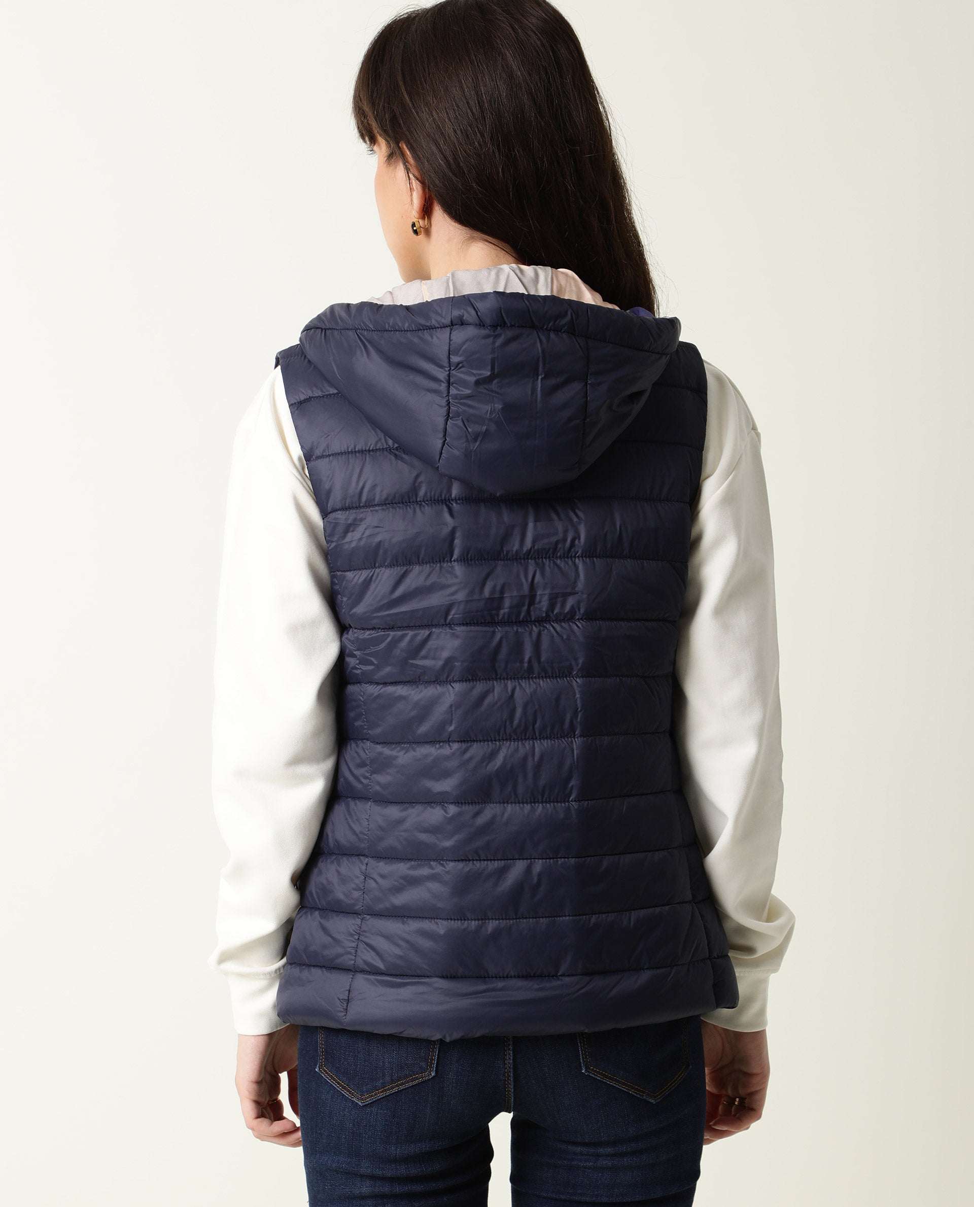 Rareism Women Troop Dark Navy Sleeveless Solid Hooded Jacket