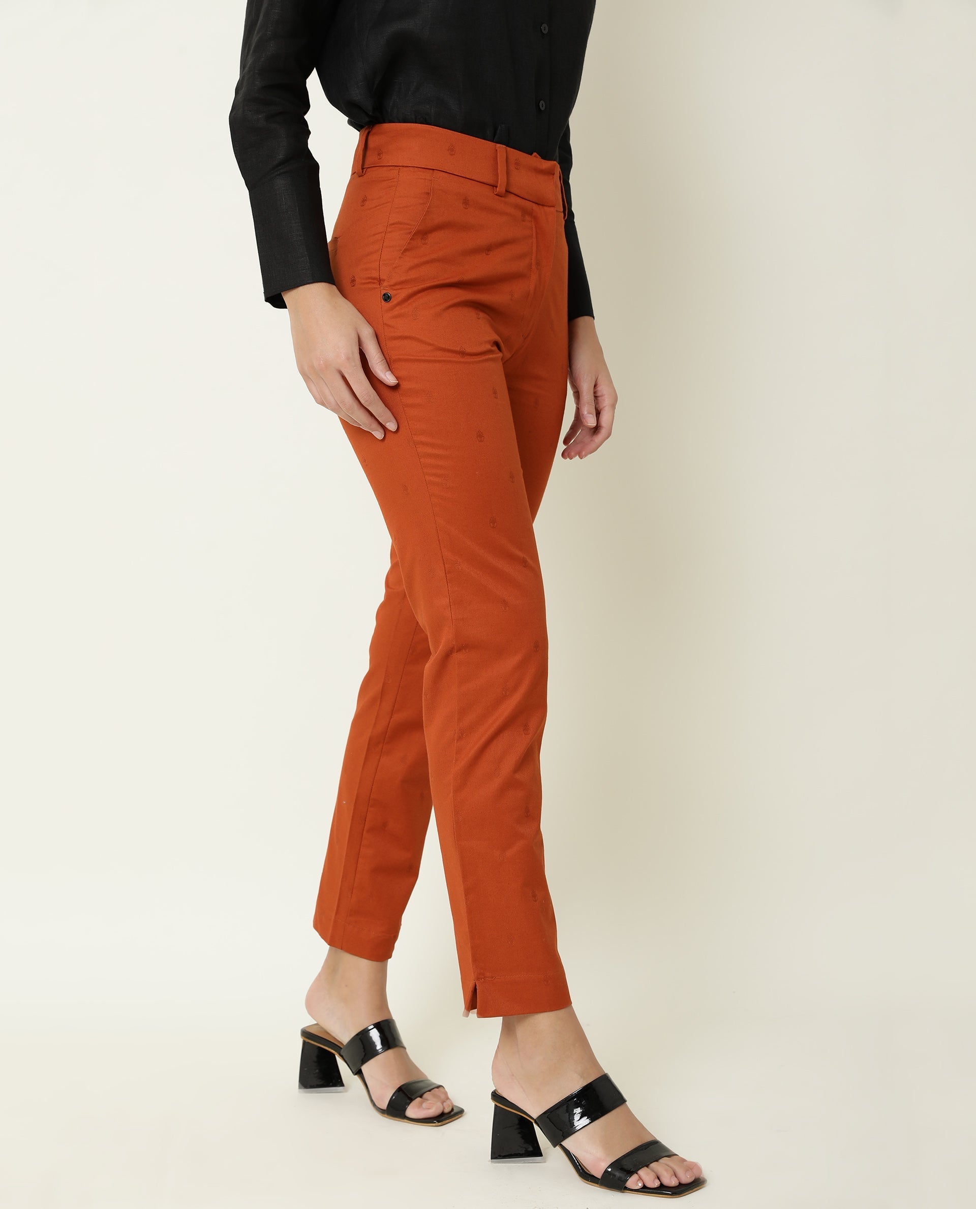 Rareism Women's Odyssey Brown Viscose Plain Ankle Length Tailored Trouser
