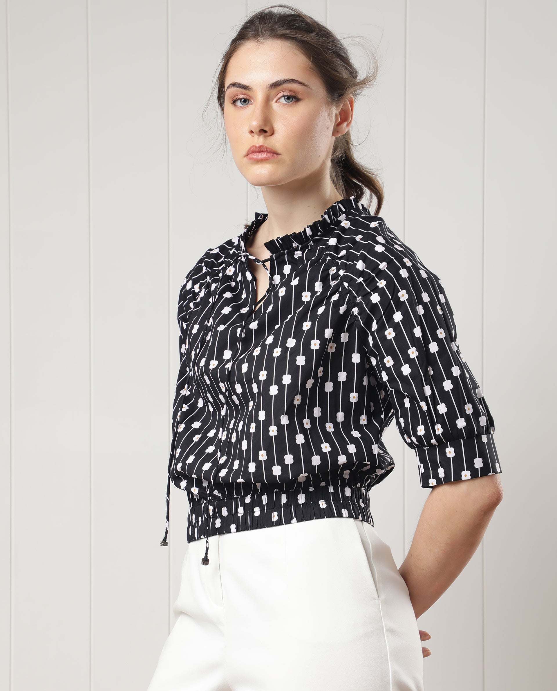 Rareism Women's Jack Black Cotton Tie-Up Neck Floral Print Volume Sleeve Relaxed Fit Top