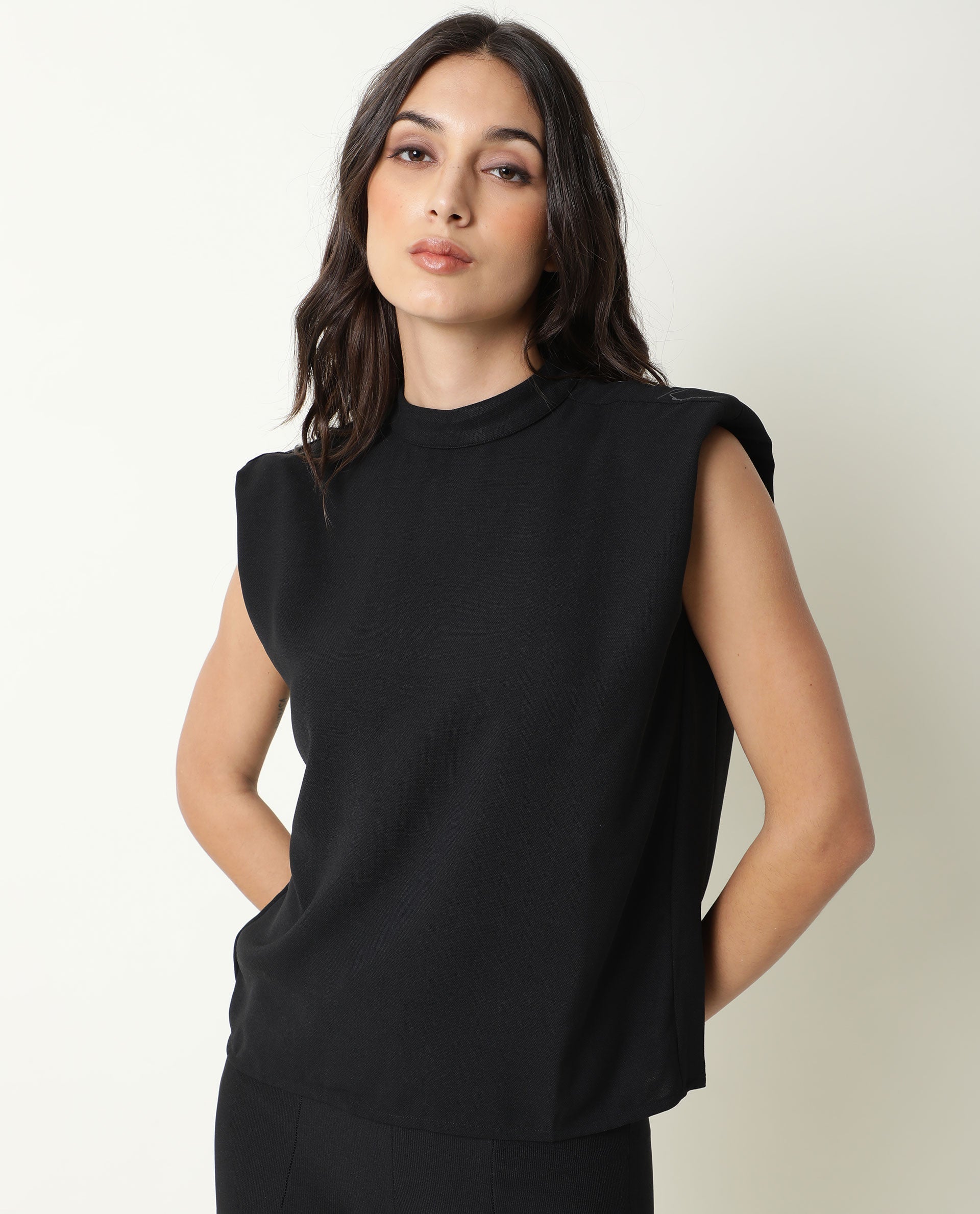 Rareism Womens Edit Black Top Sleeveless Round Neck