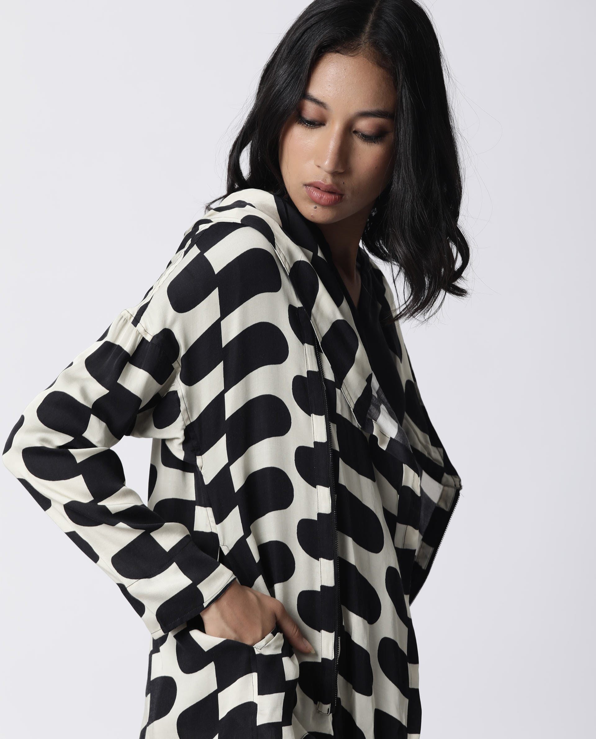 Rareism Women Flight Black Outer Wear Full Sleeves Printed