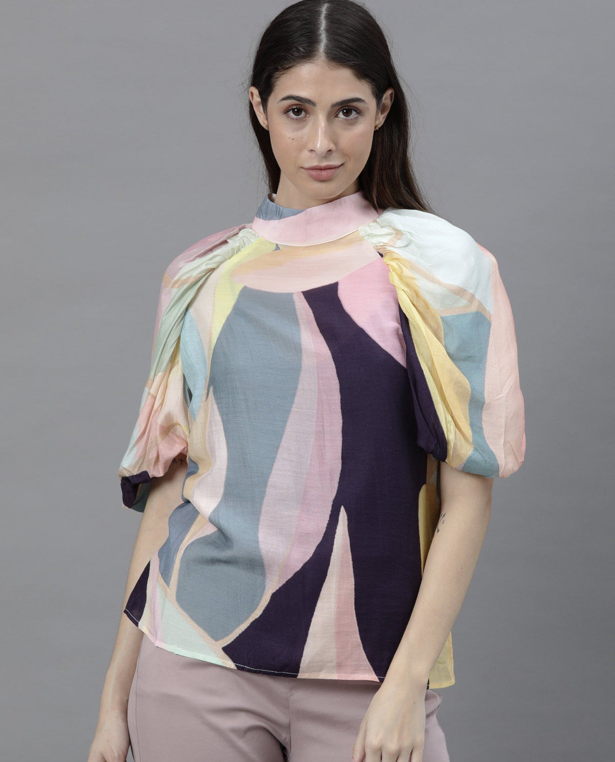 Rareism Women Malcom Peach Top Short Sleeves Printed