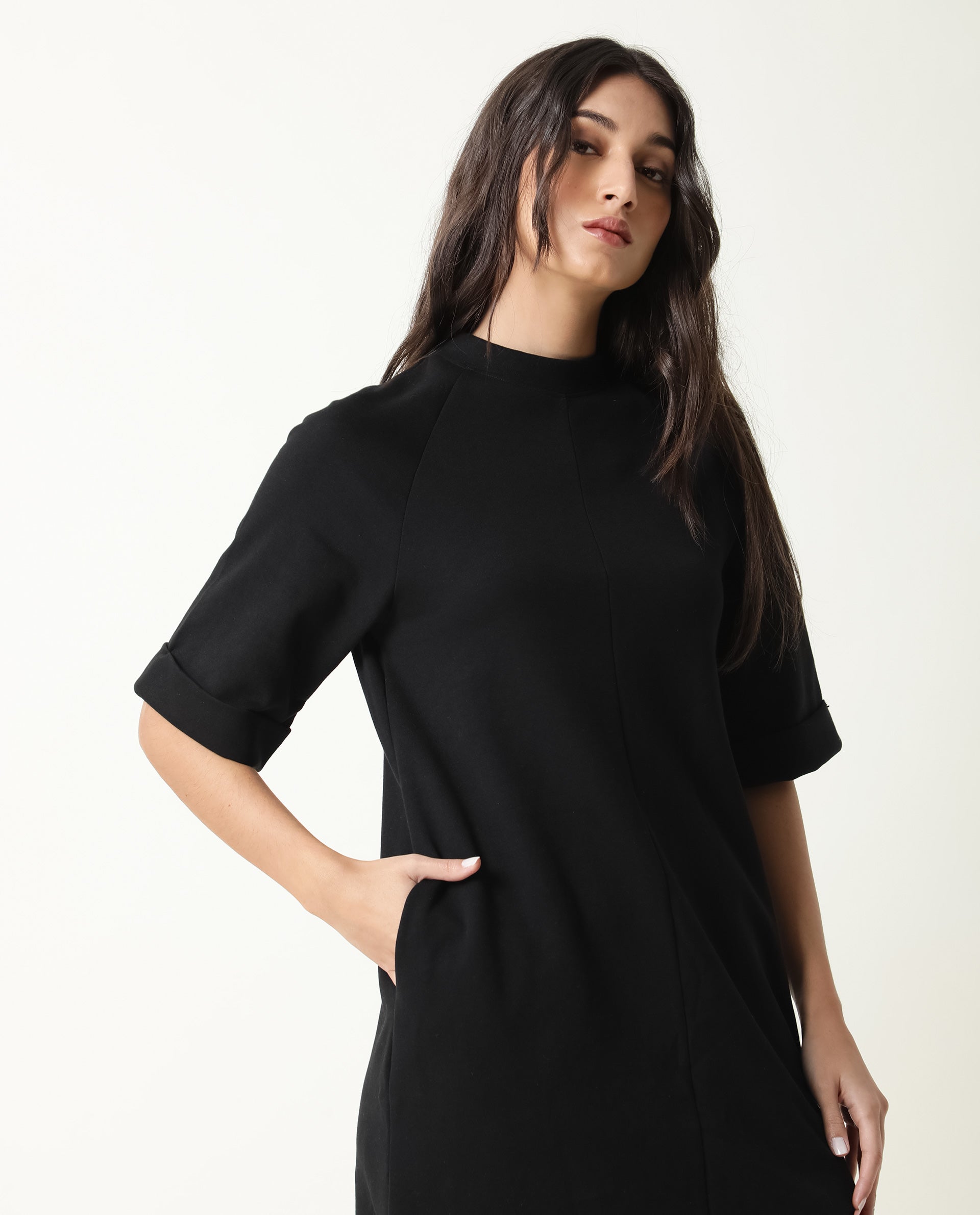 Rareism Womens Inari Black Dress Cotton Fabric Normal Fit Raglan Sleeves Round Neck