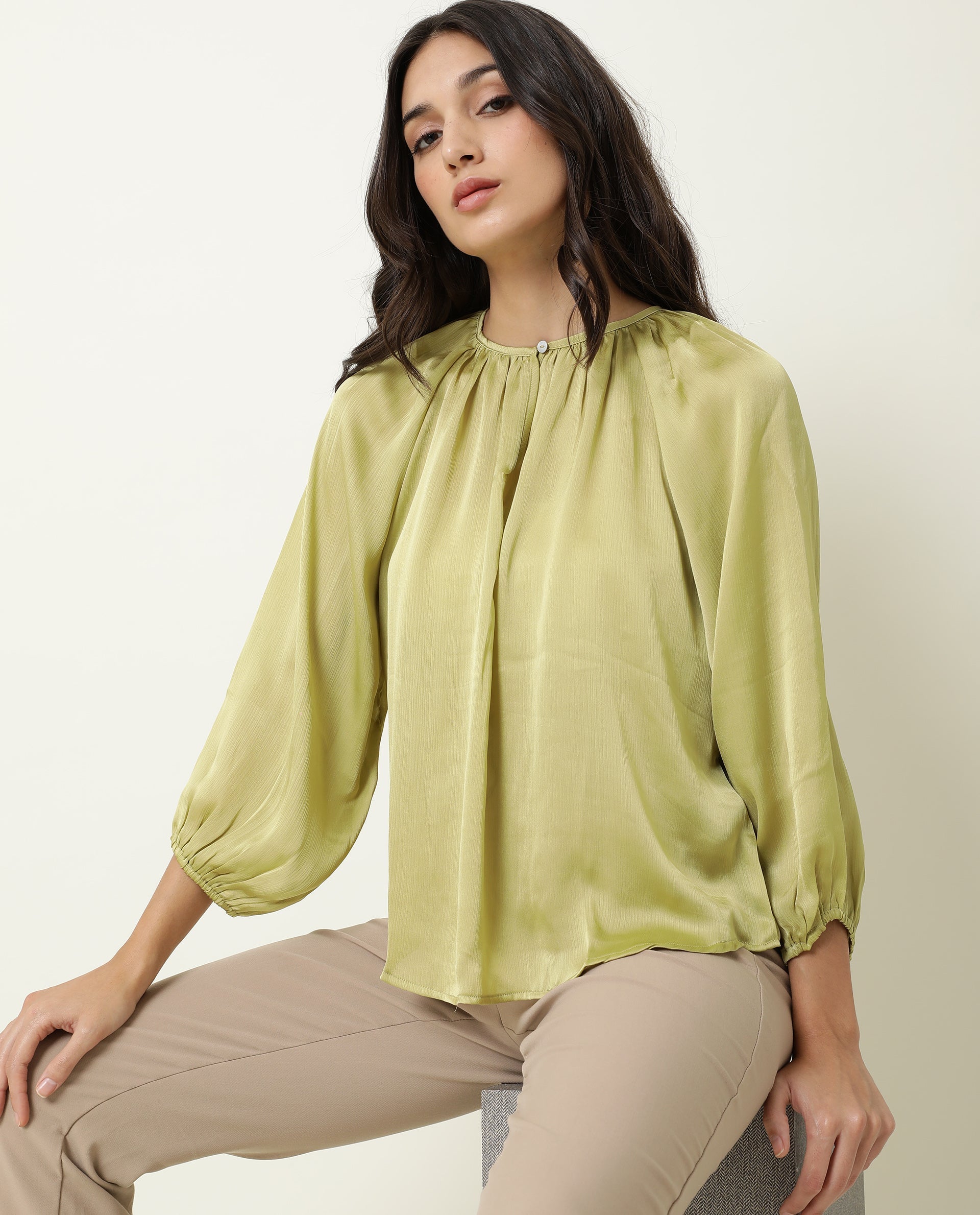 Rareism Womens Fall Green Top Polyester Fabric Full Sleeve Boat Neck