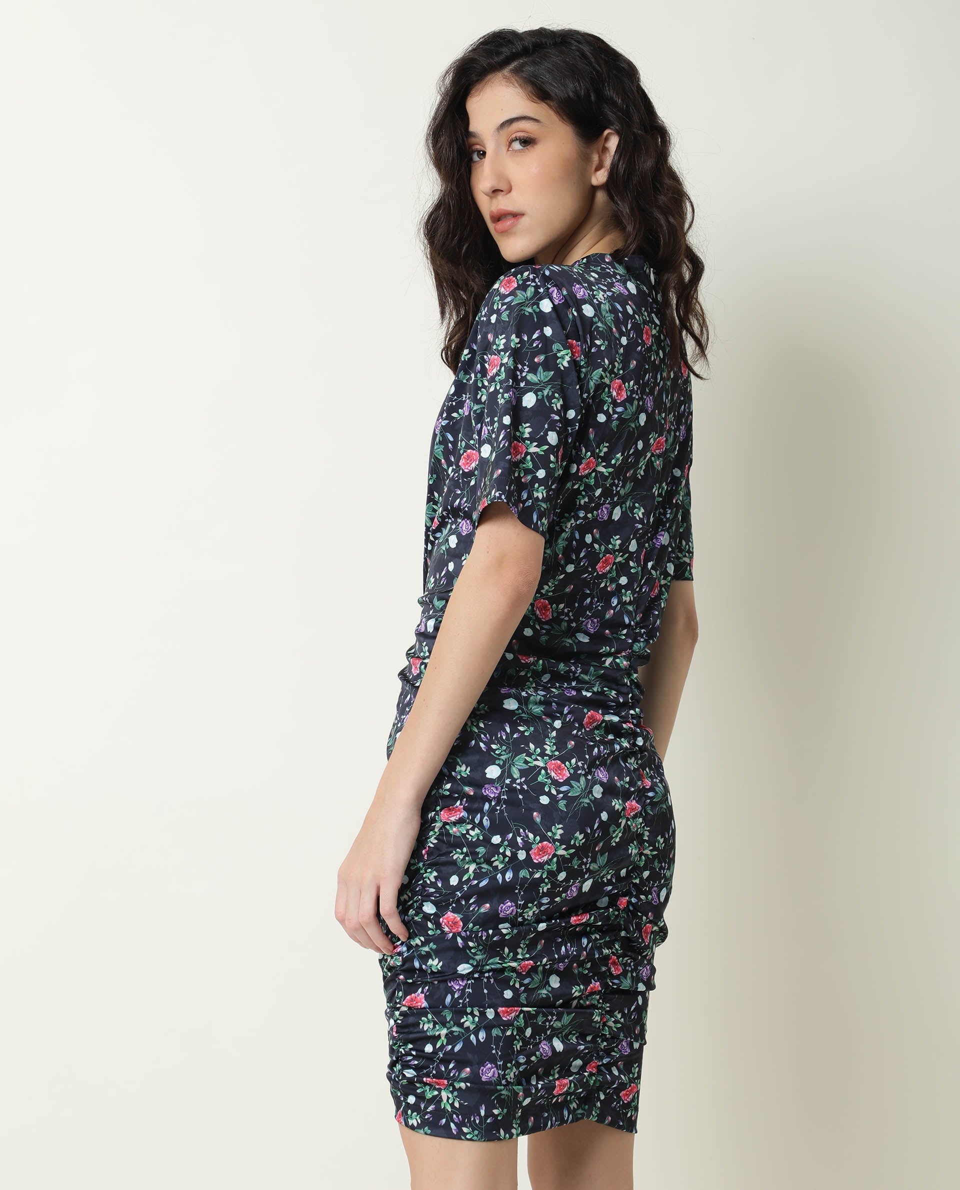 Rareism Women's John Navy Modal High Neck Floral Print Knee Length Regular Fit Dress