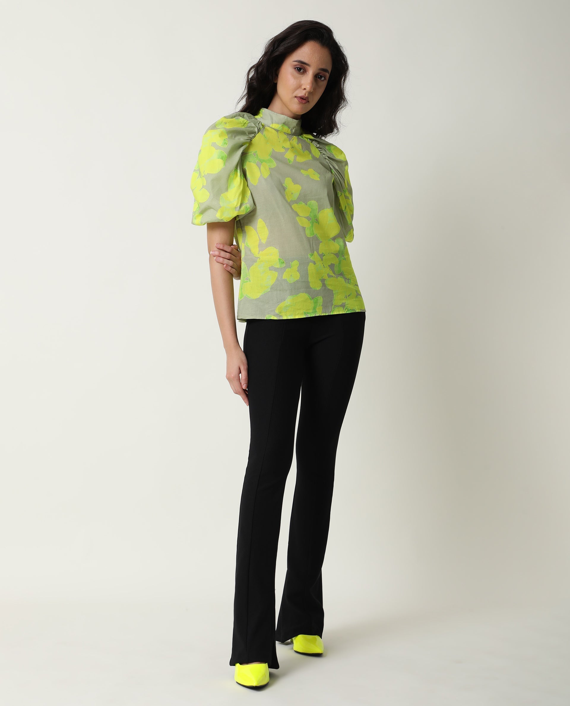 Rareism Women's Lagger Green Cotton High Neck Abstract Print Regular Fit Top