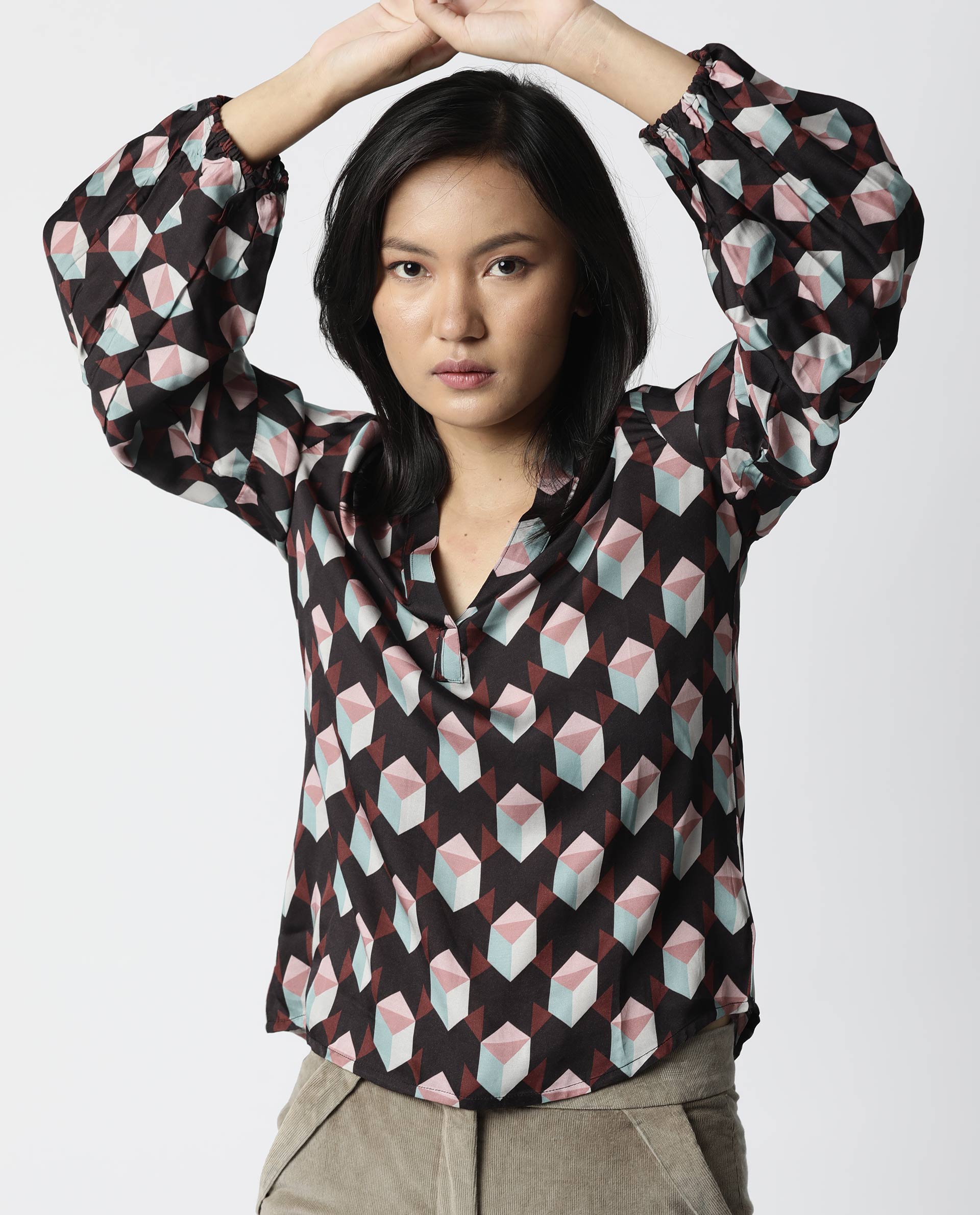 Rareism Women Bandit Brown Top Full Sleeves Printed