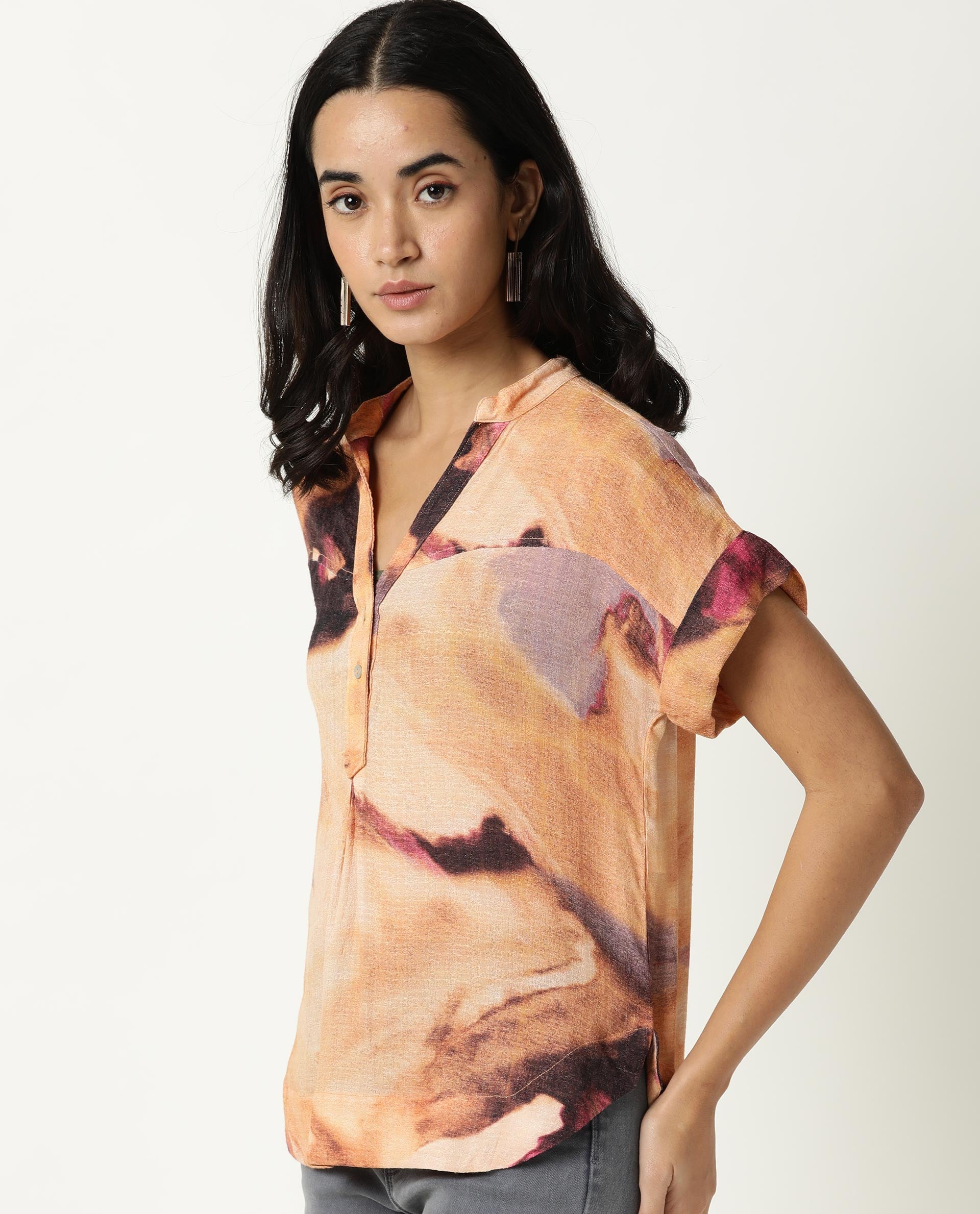 Rareism Womens Dante Orange Top Polyester Fabric Regular Fit No Sleeves Mandarin Neck