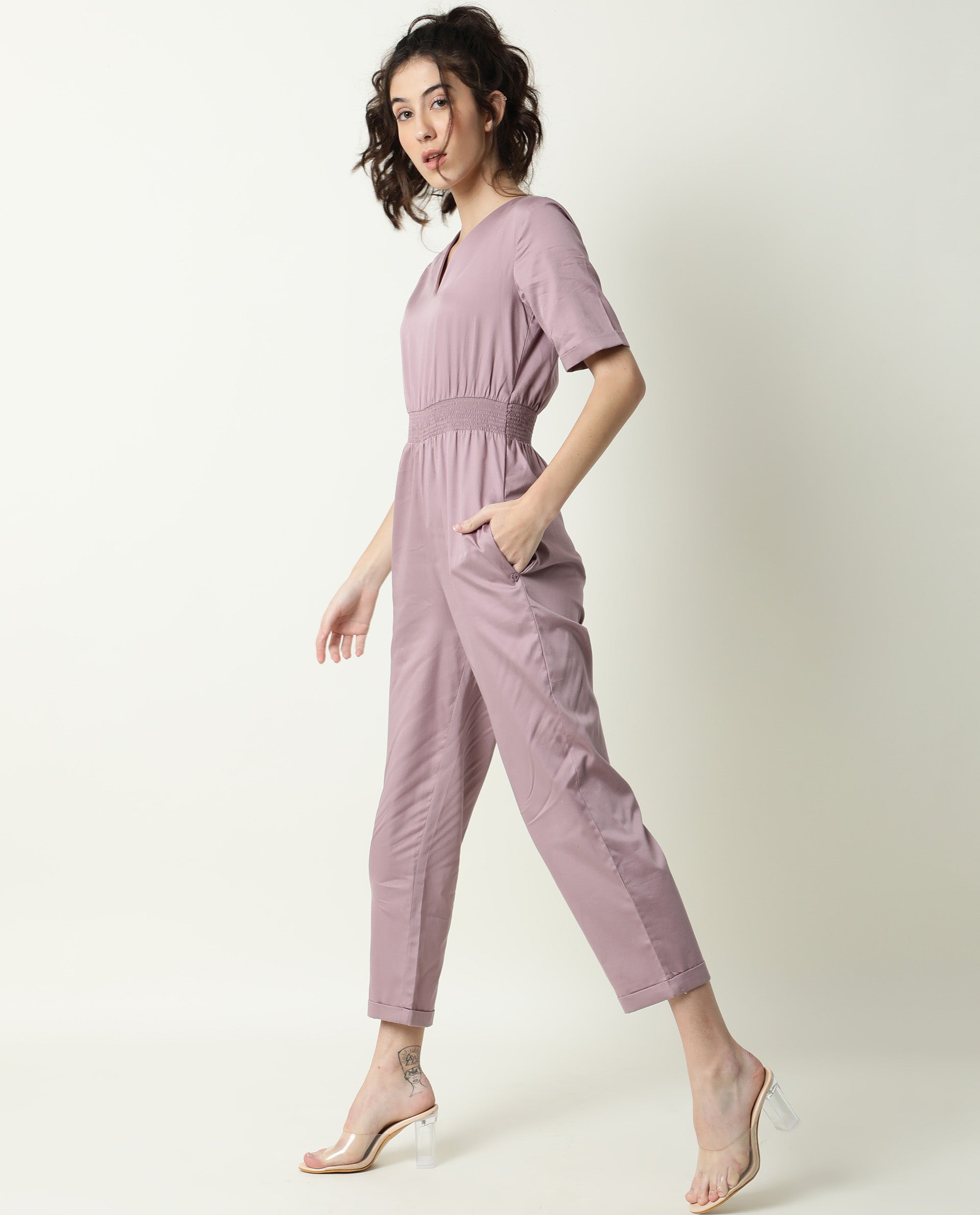 Rareism Women's Husky Pink Cotton Blend V-Neck Plain Ankle Length Regular Fit Jumpsuit