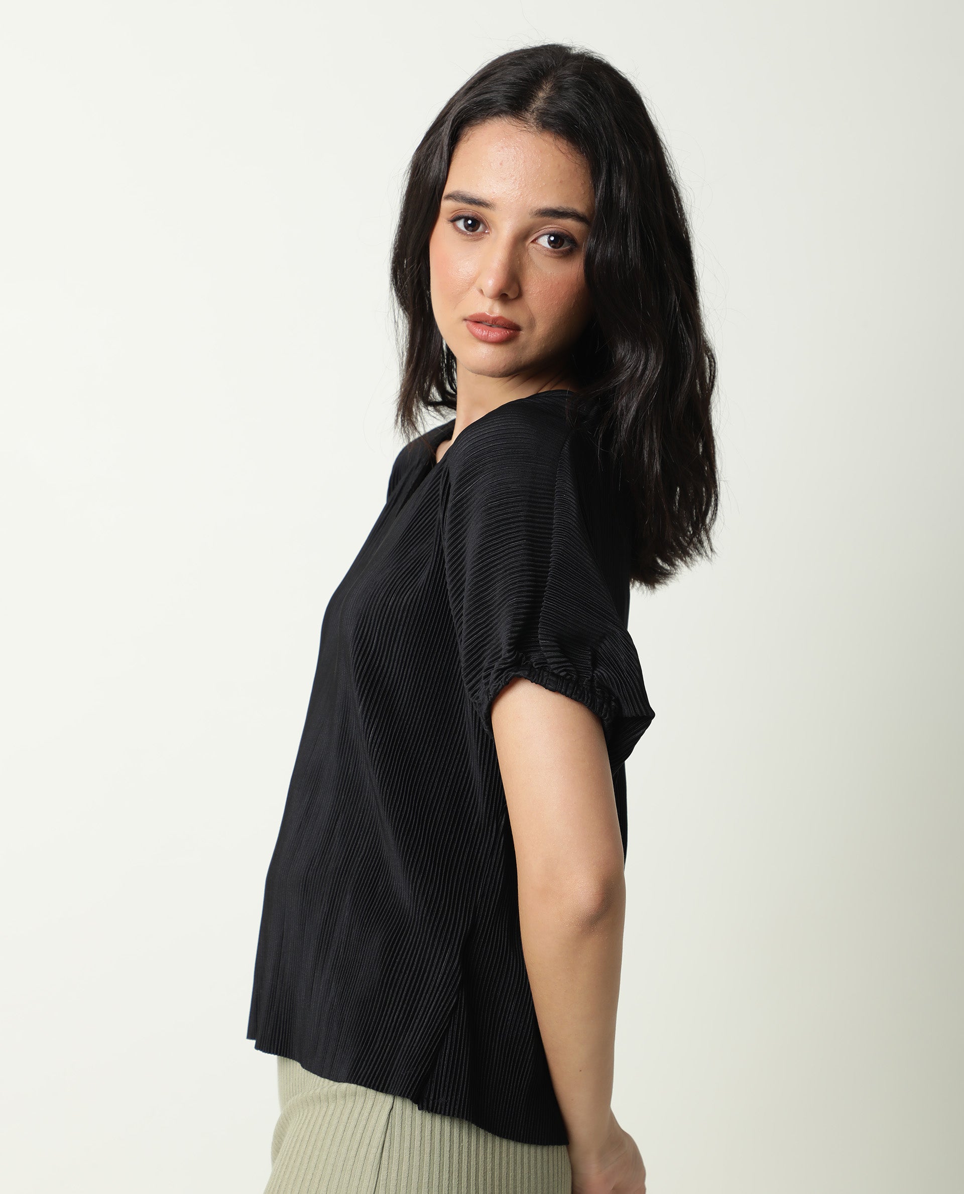 Rareism Womens Soho Black Top Polyester Fabric Regular Fit Extended Sleeves Round Neck