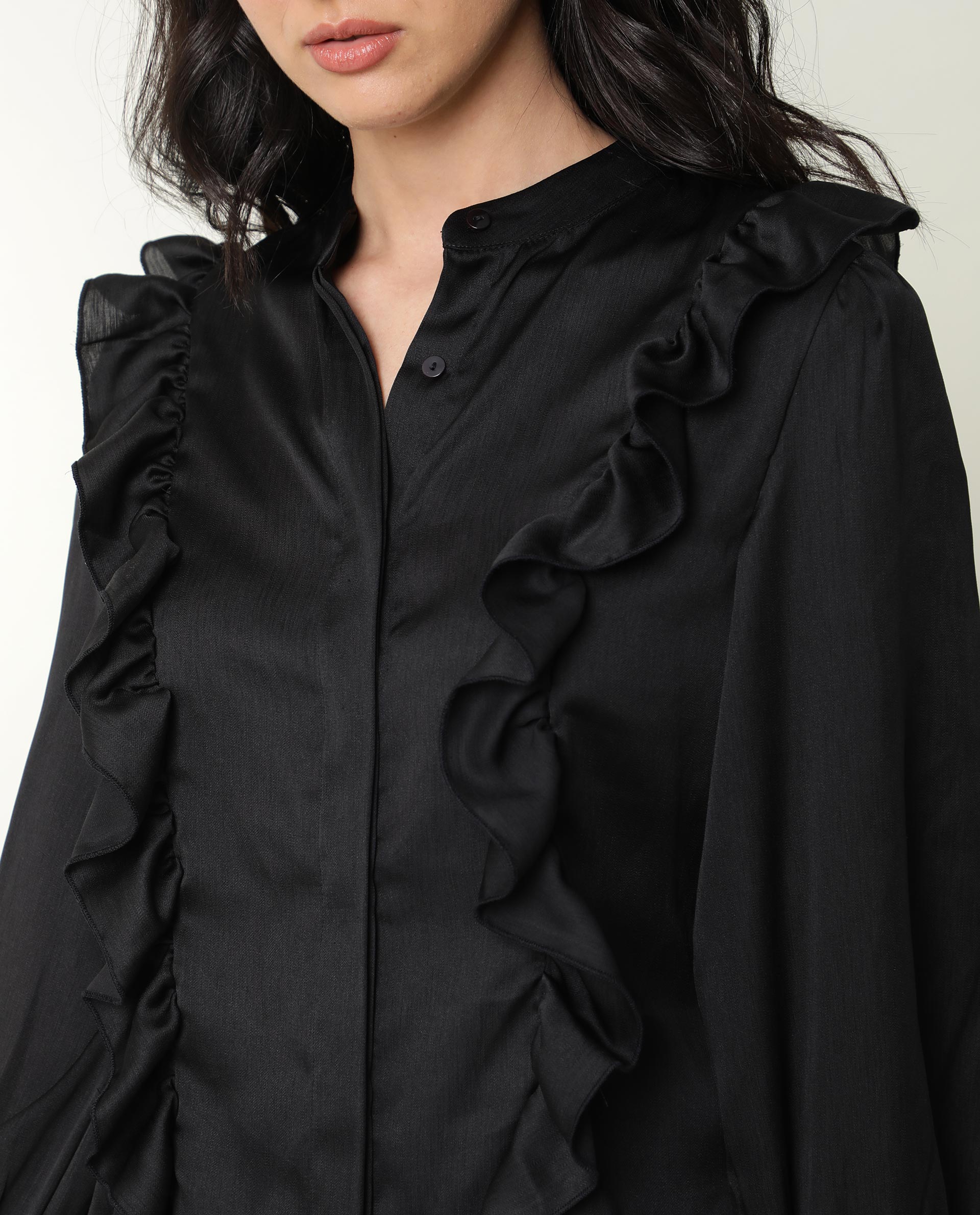 Rareism Womens Chamomile Black Top Polyester Fabric Fit Regular Sleeves Mandarin Neck