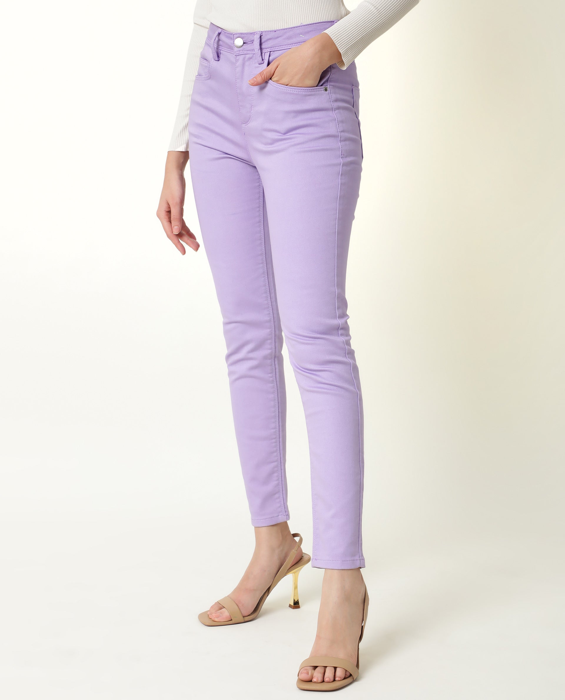 Rareism Women Kocho Purple Cotton Lycra Fabric Mid Rise Solid Slim Fit Ankle Length Jeans