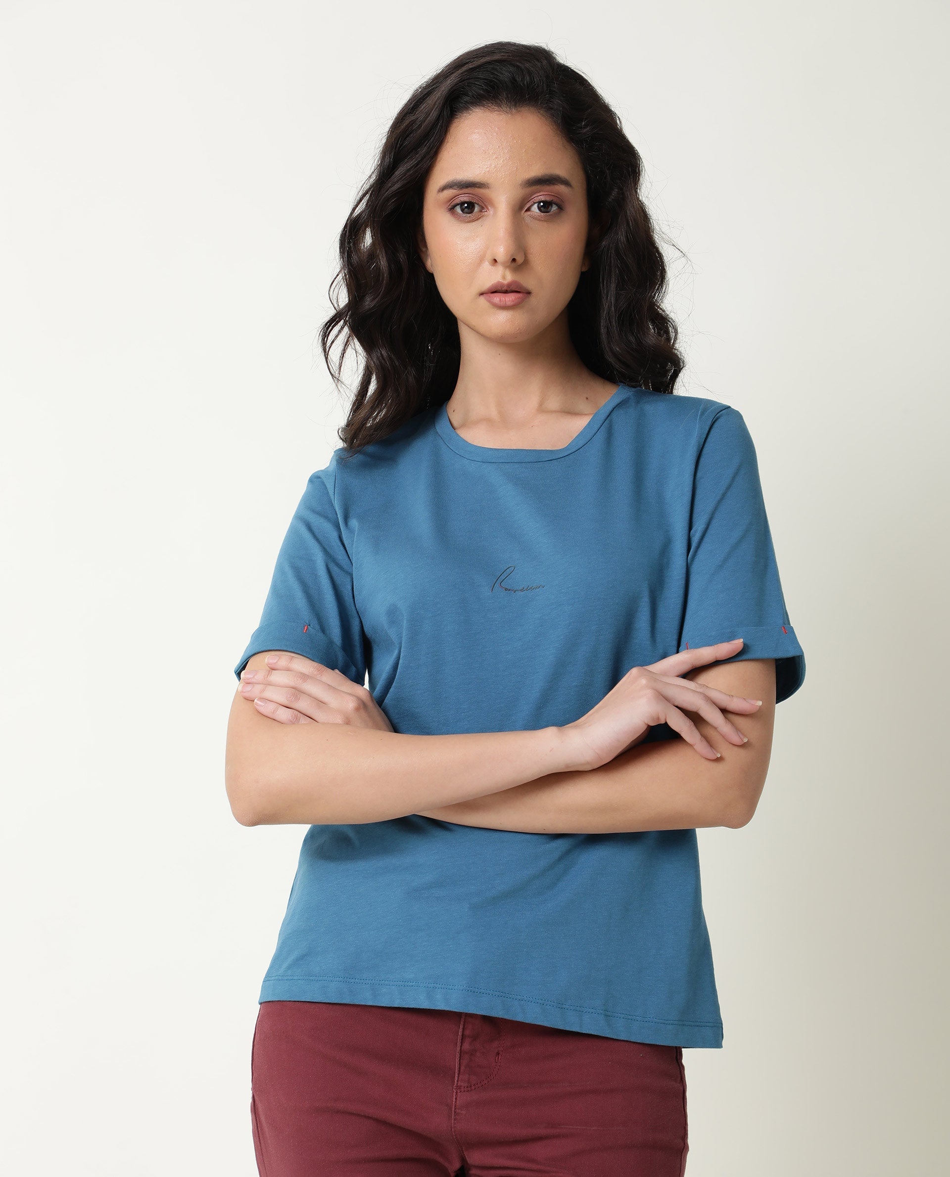 Rareism Women Nova Tee 2 Blue Cotton Fabric Regular Fit Half Sleeves Solid Round Neck T-Shirt