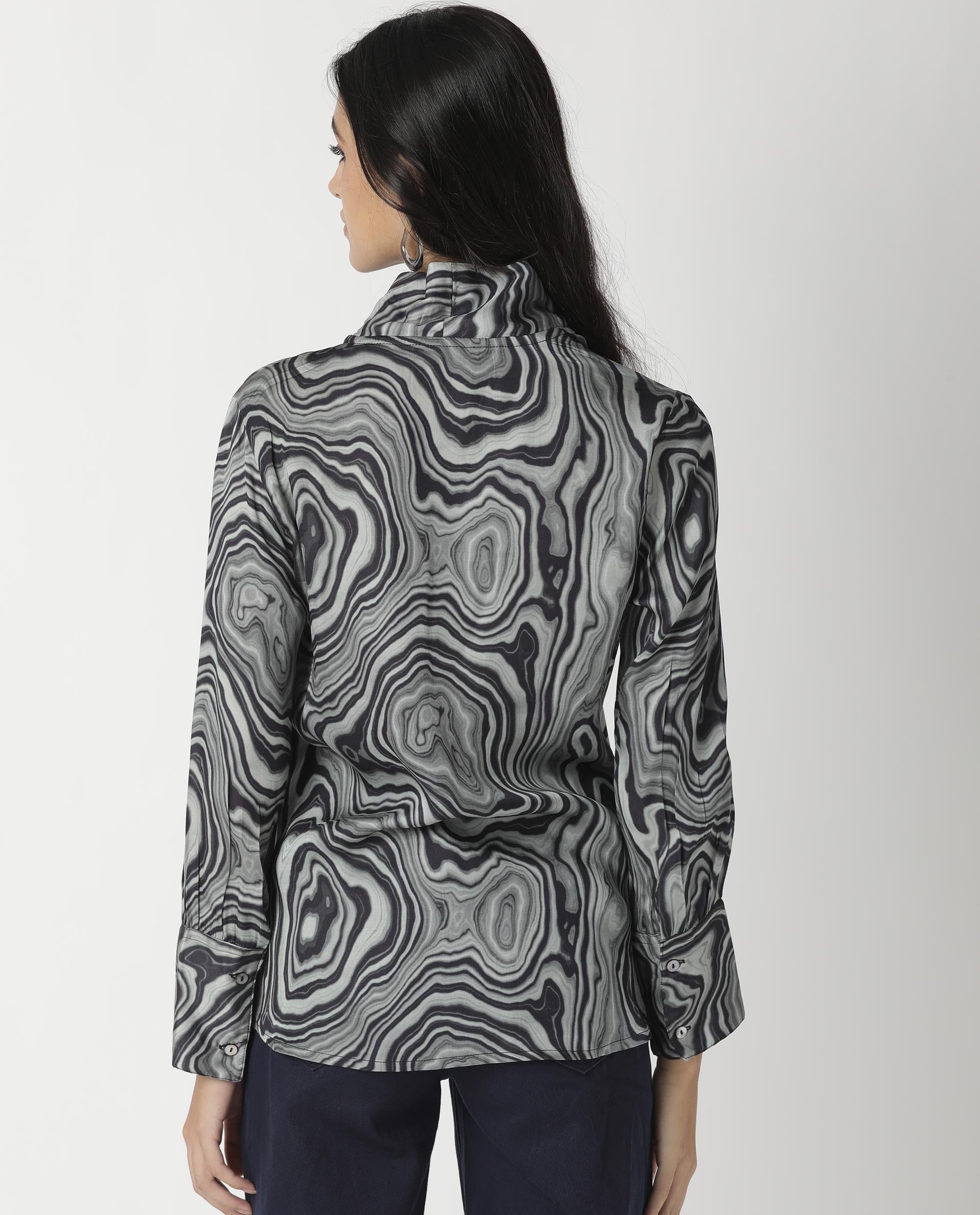 Rareism Womens Camp Black Top Modal Satin Fabric Regular Fit Cuffed Sleeve Mandarin Neck