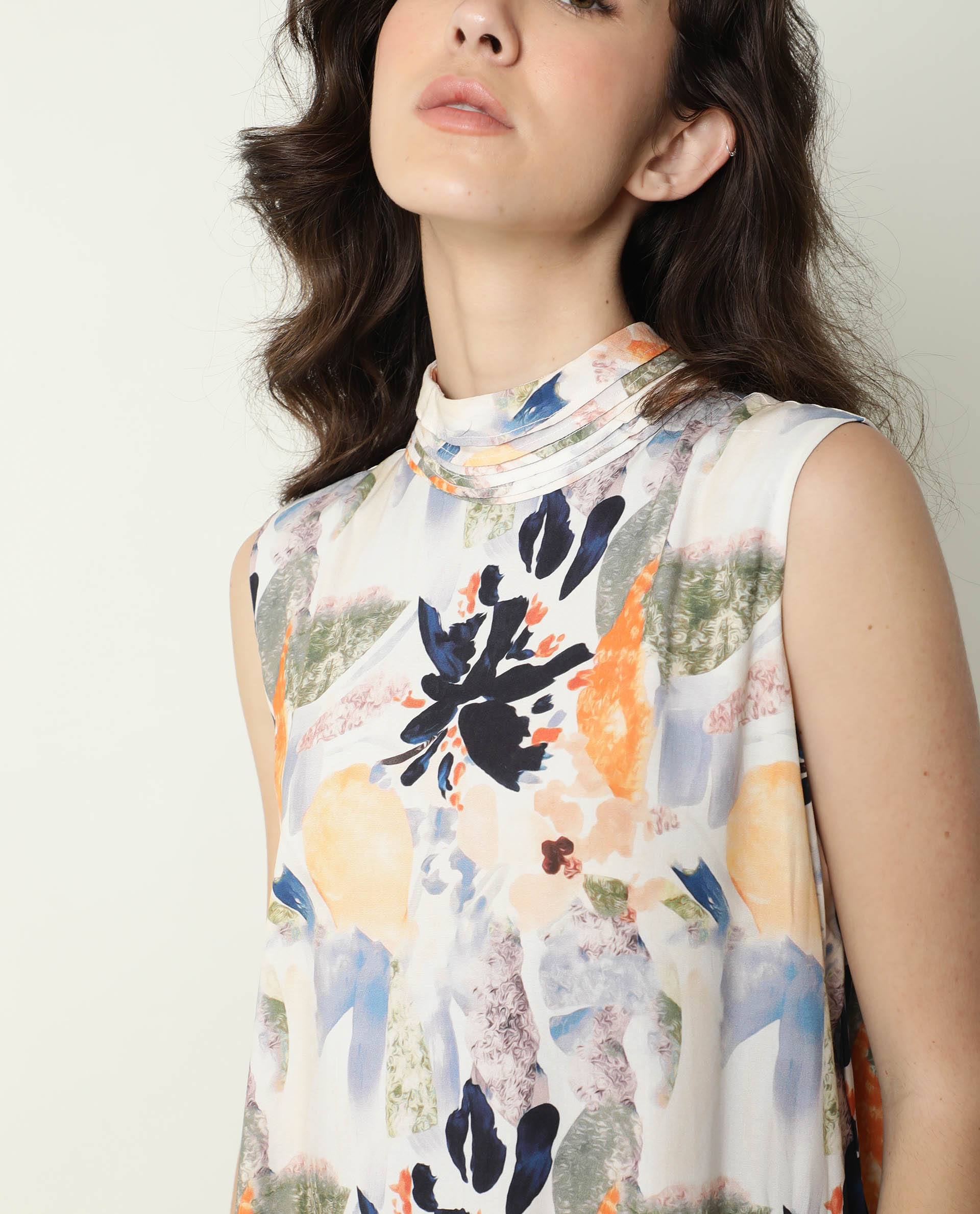 Rareism Women's Isa Multi High Neck Floral Print Sleeveless Knee Length Regular Fit Dress