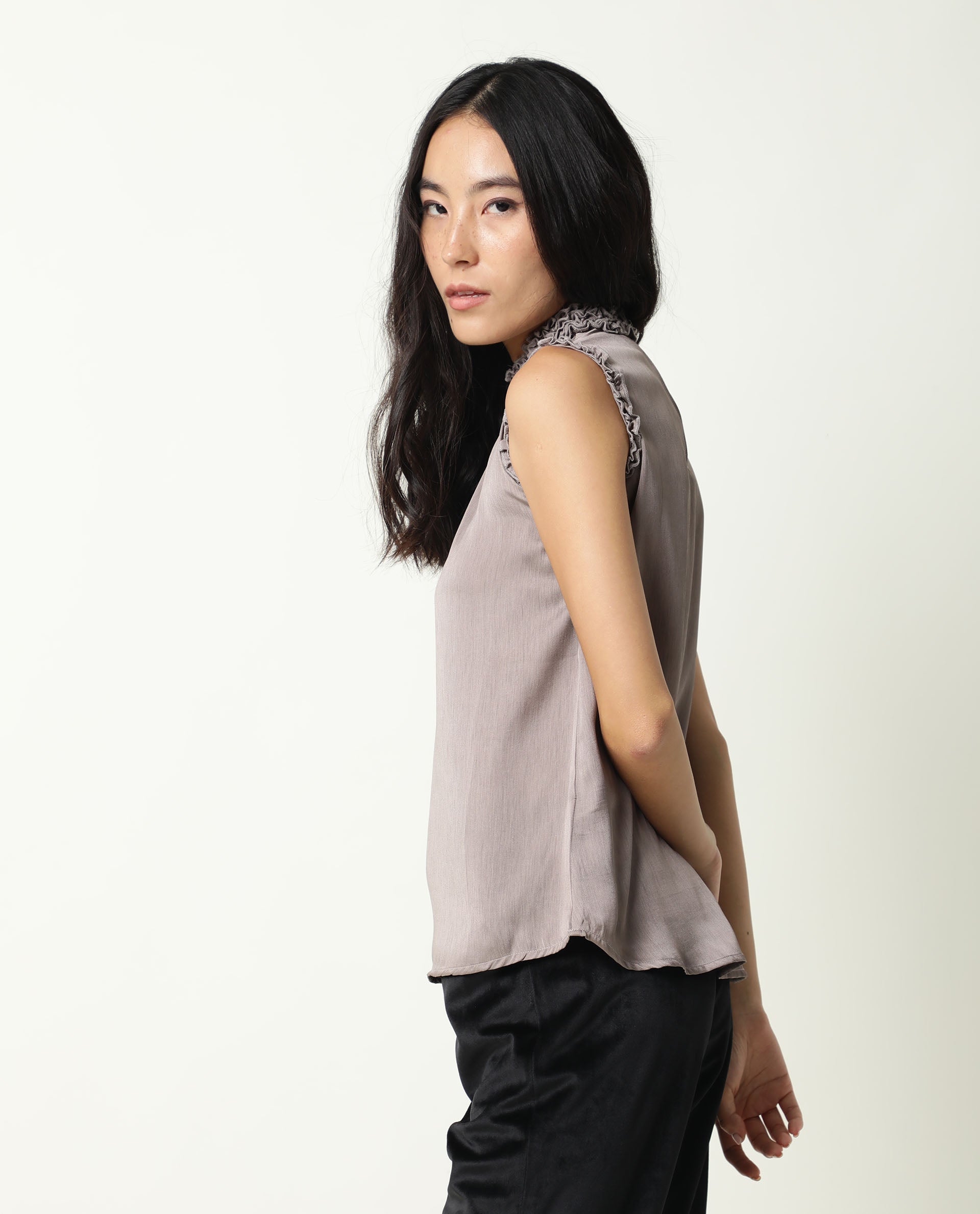 Rareism Womens Baileys Beige Top Polyester Fabric Sleeveless Ruffled Neck