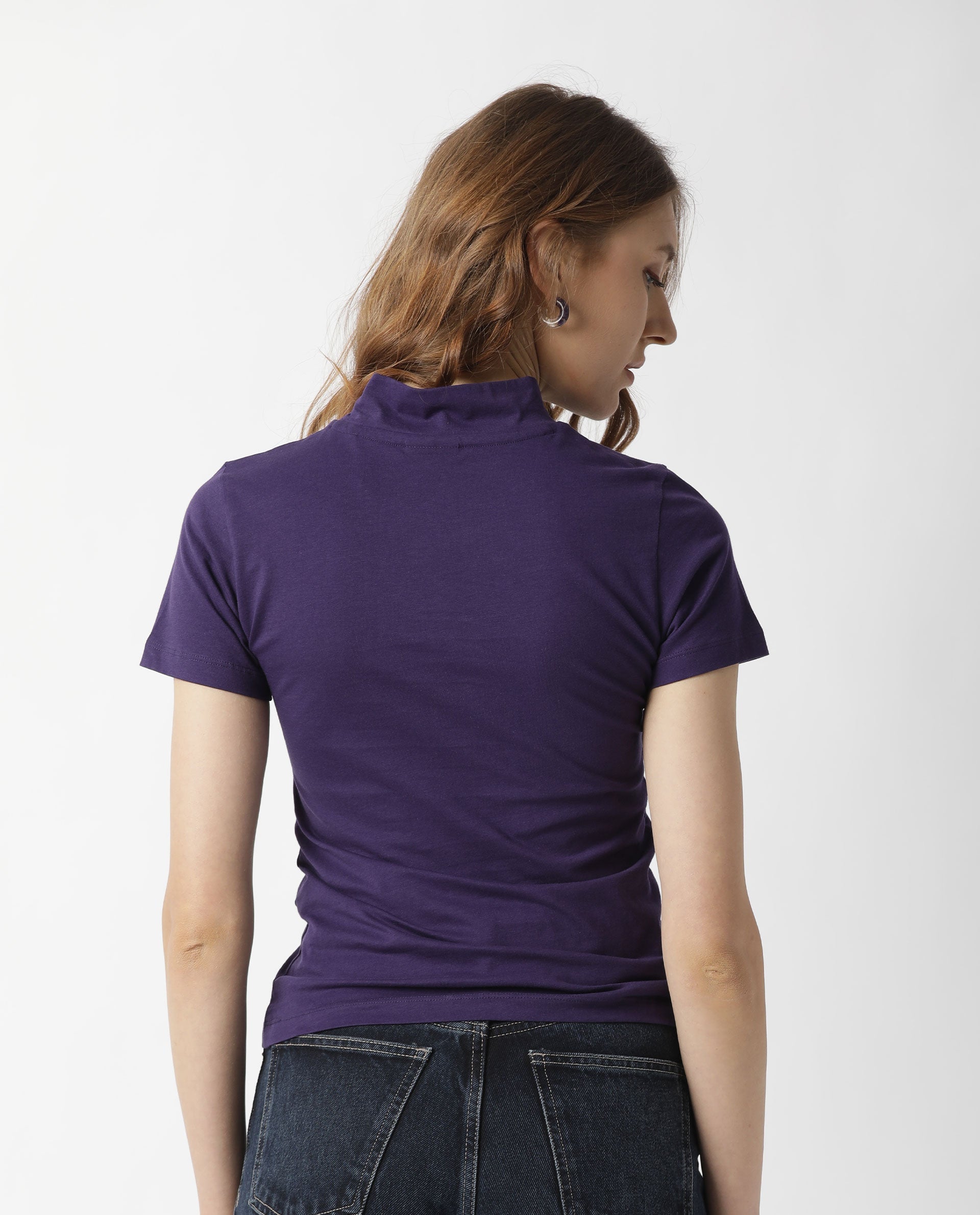Rareism Women Hamock Purple Cotton Fabric Regular Fit Half Sleeves Solid Crew Neck T-Shirt
