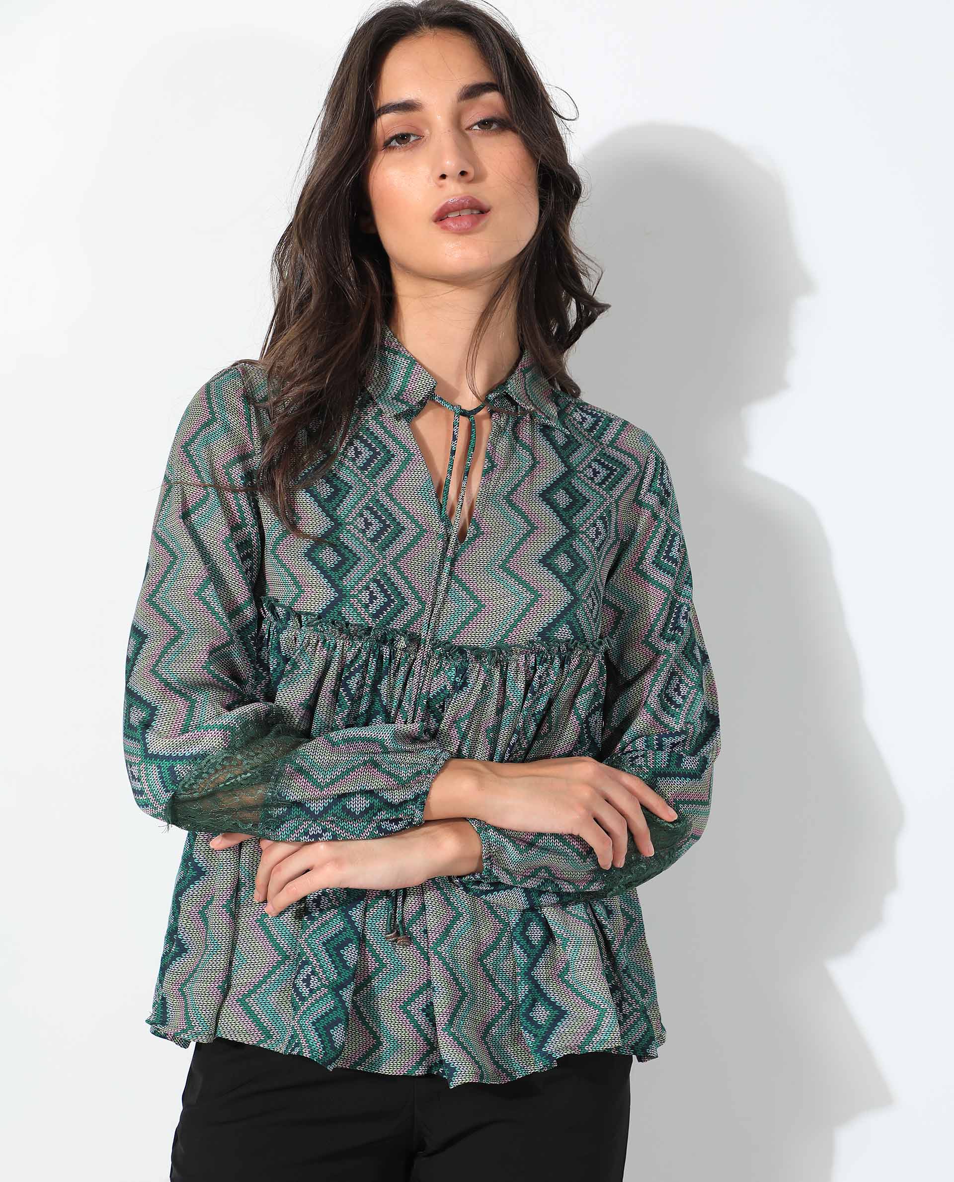 Rareism Women's Cataline Olive Polyester Tie-Up Neck Geometric Print Regular Fit Top