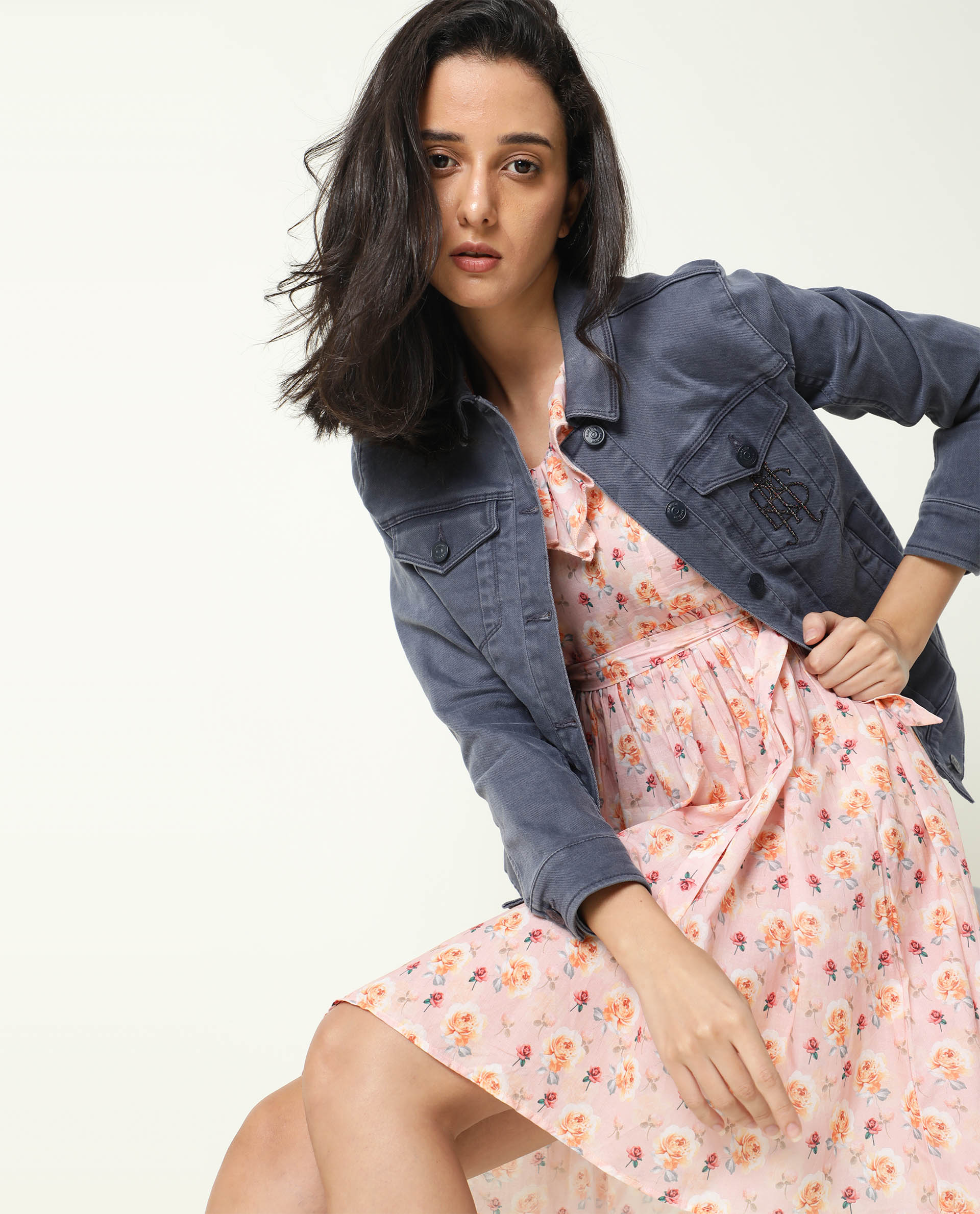 Rareism Women Verna Pink Floral Print V Neck With Ruffles Half Sleeves Fabric Waist Belt Mini Dress