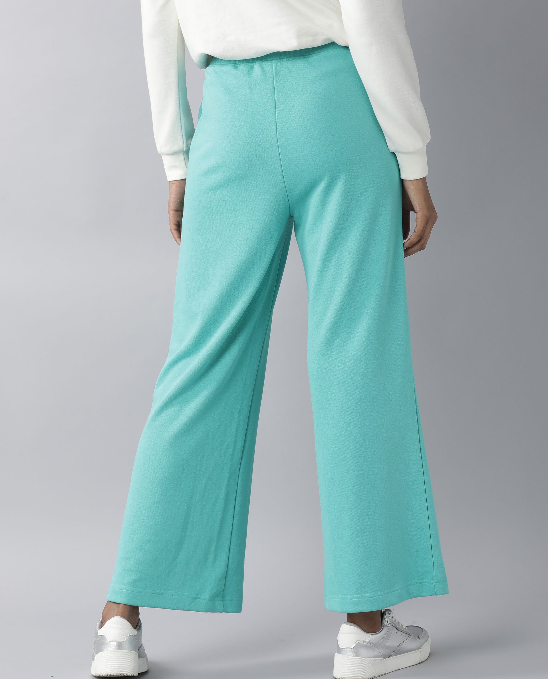 Rareism Women Pazo-1 Turq Poly Cotton Fabric Relaxed Fit Solid Mid Rise Ankle Length Track Pant