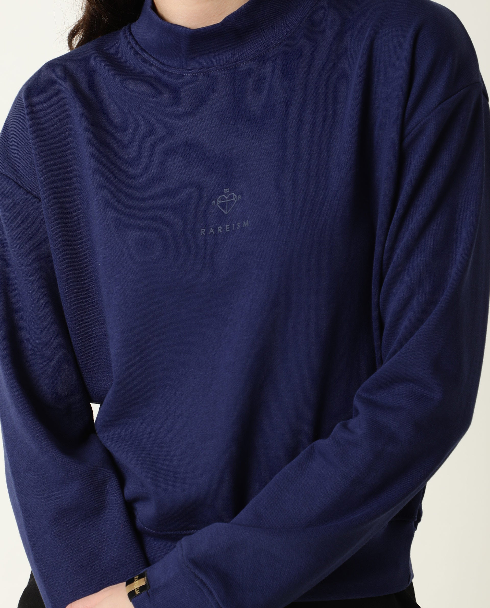 Rareism Women Necker Blue Relaxed Fit Full Sleeves Solid High Neck Sweatshirt