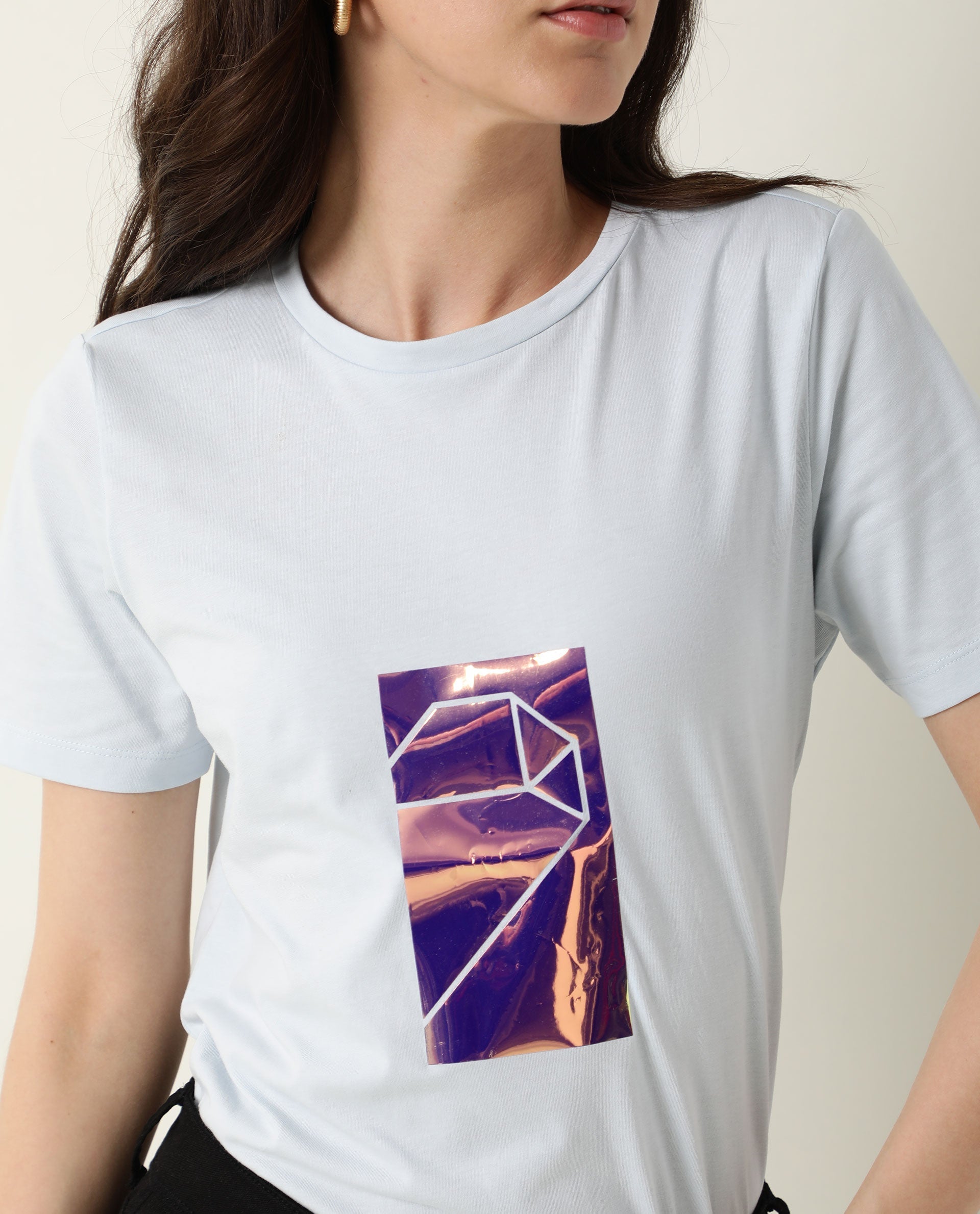 Rareism Women's Gulf Blue Cotton Crew Neck Graphic Print Regular Fit T-Shirt