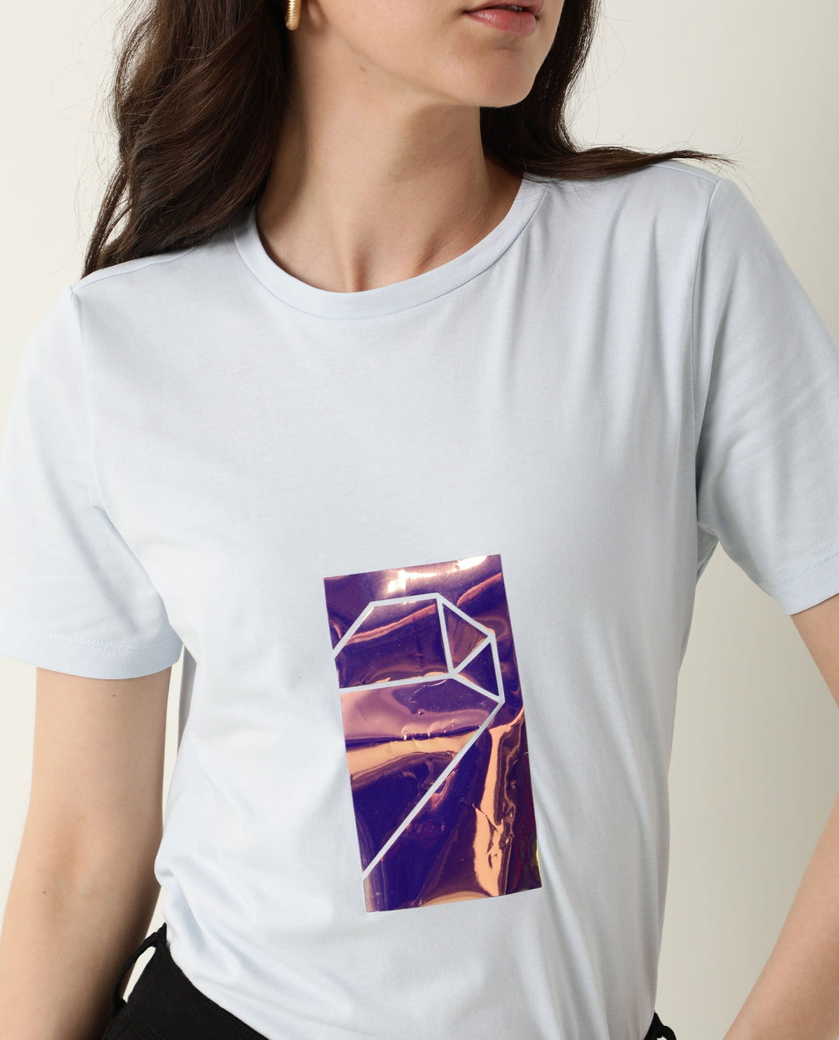 Rareism Women Gulf Pastel Blue Cotton Fabric Regular Fit Half Sleeves Graphic Print Crew Neck T-Shirt