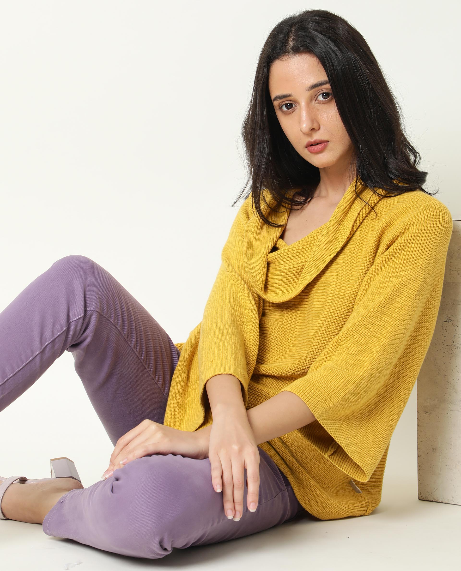Rareism Women Cleo Mustard 3/4Th Sleeves Relaxed Fit Solid Cowl Neck Sweater