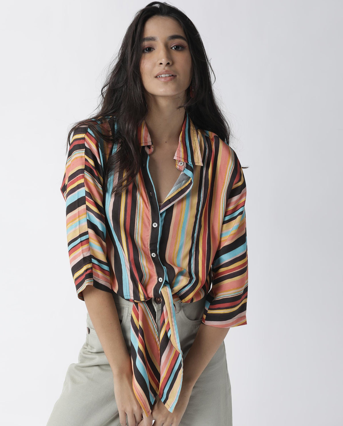 Rareism Womens Drumroll Multi Top Viscose Fabric Regular Fit 3/4 Sleeve Collared Neck