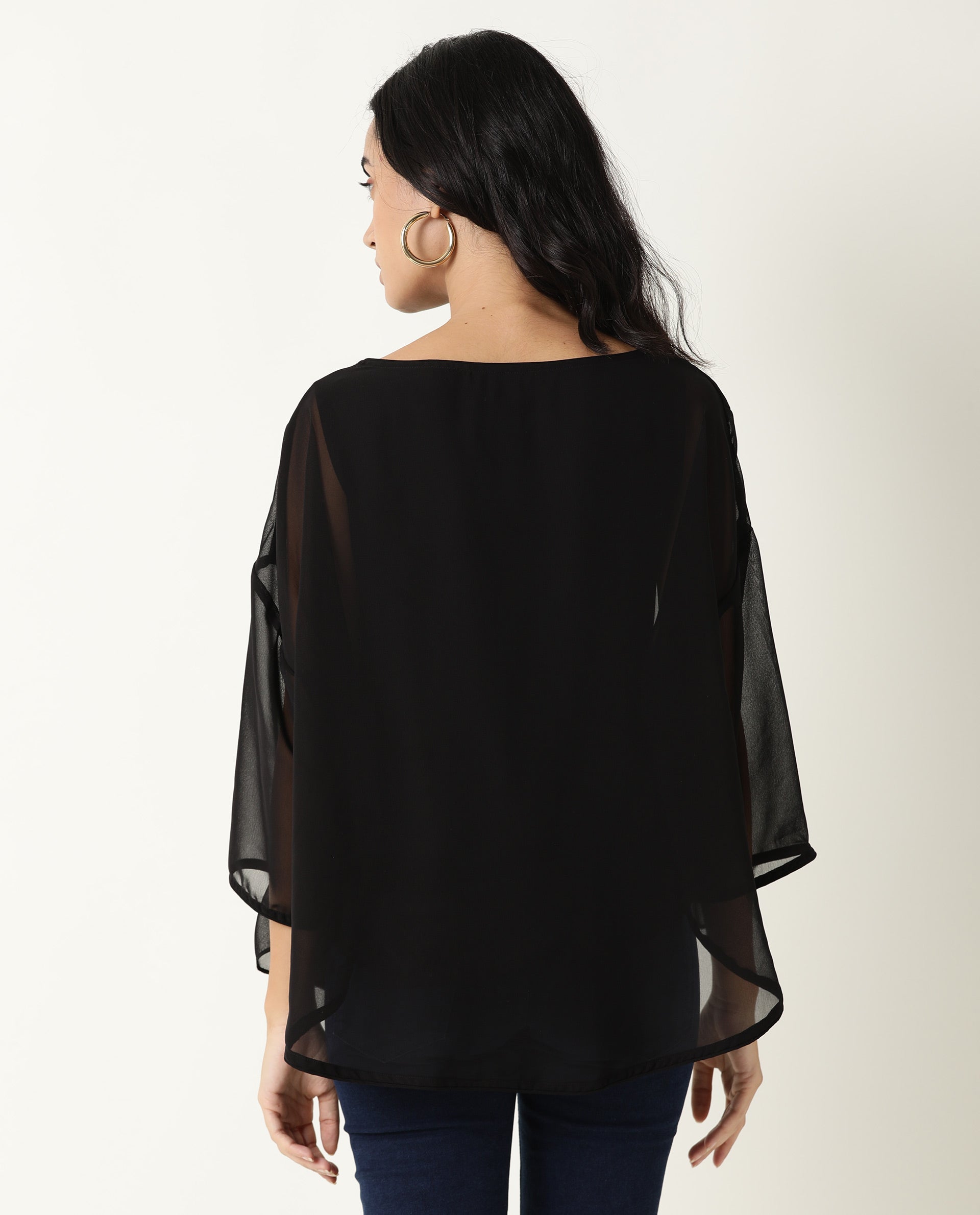 Rareism Women's Hold Black Polyester Crew Neck Plain Extended Sleeves Relaxed Fit Top