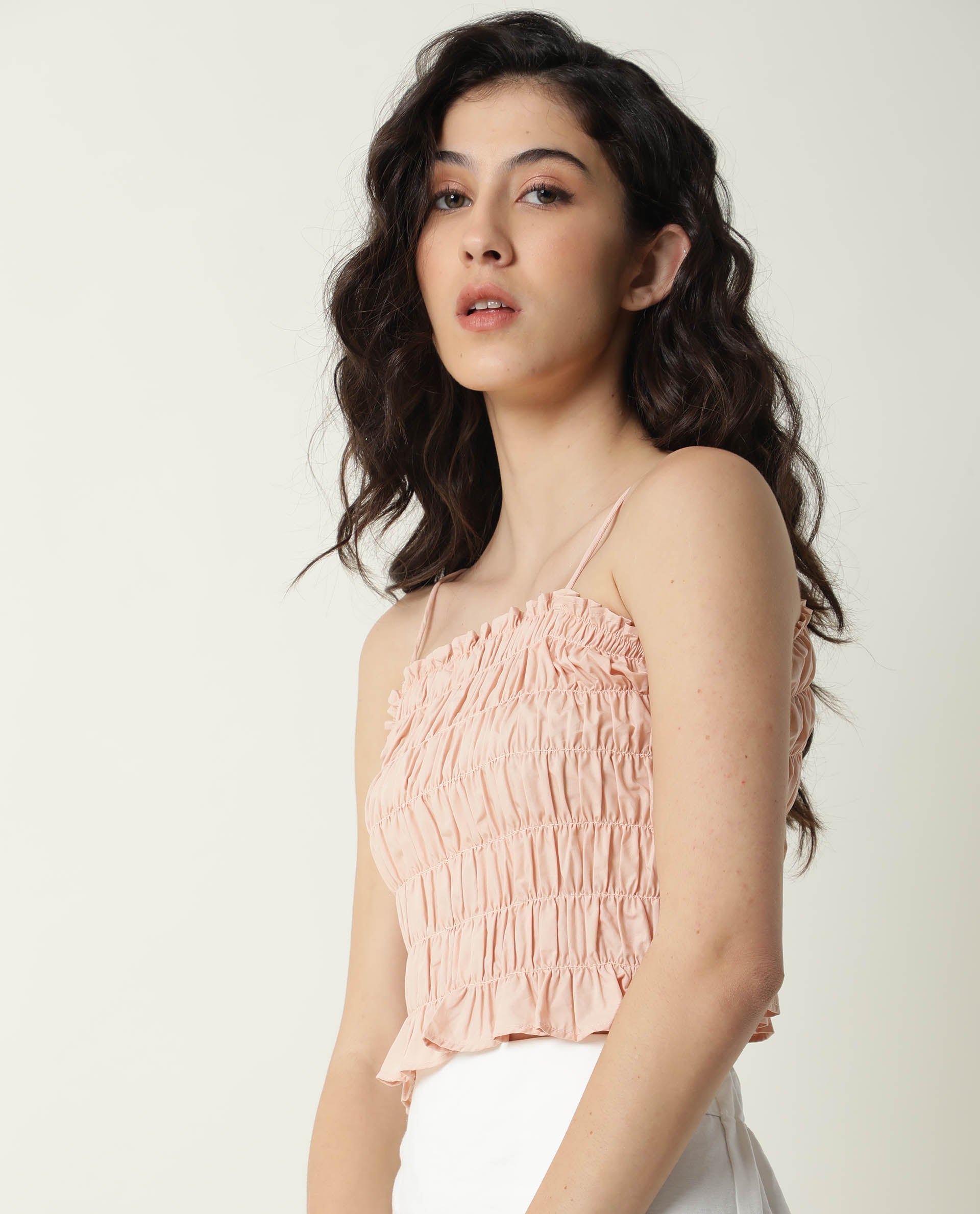 Rareism Womens Jaspersky Peach Top Cotton Fabric Sleeveless Square Neck