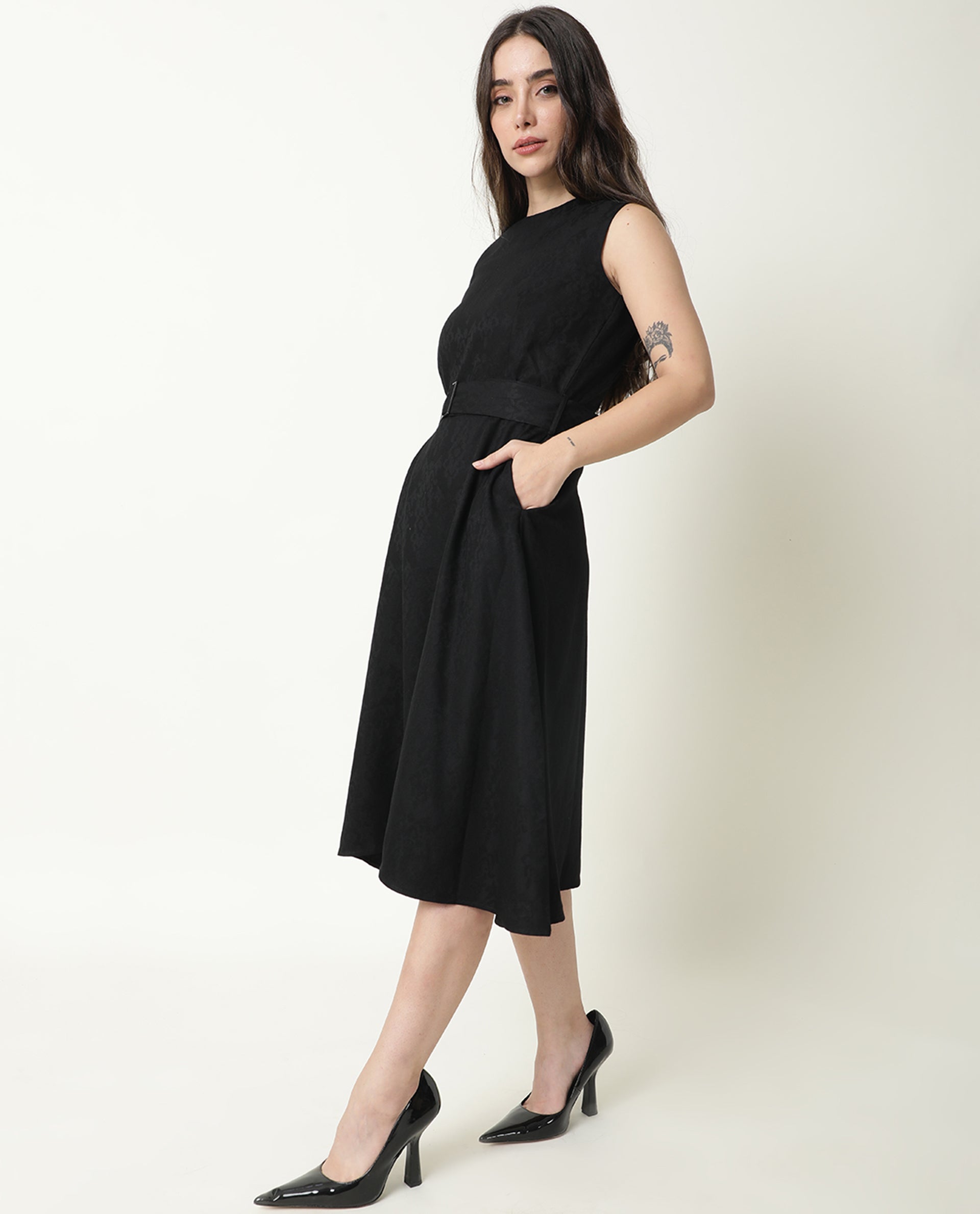 Rareism Women's Lacau Black Polyester Crew Neck Plain Sleeveless Midi Flared Dress