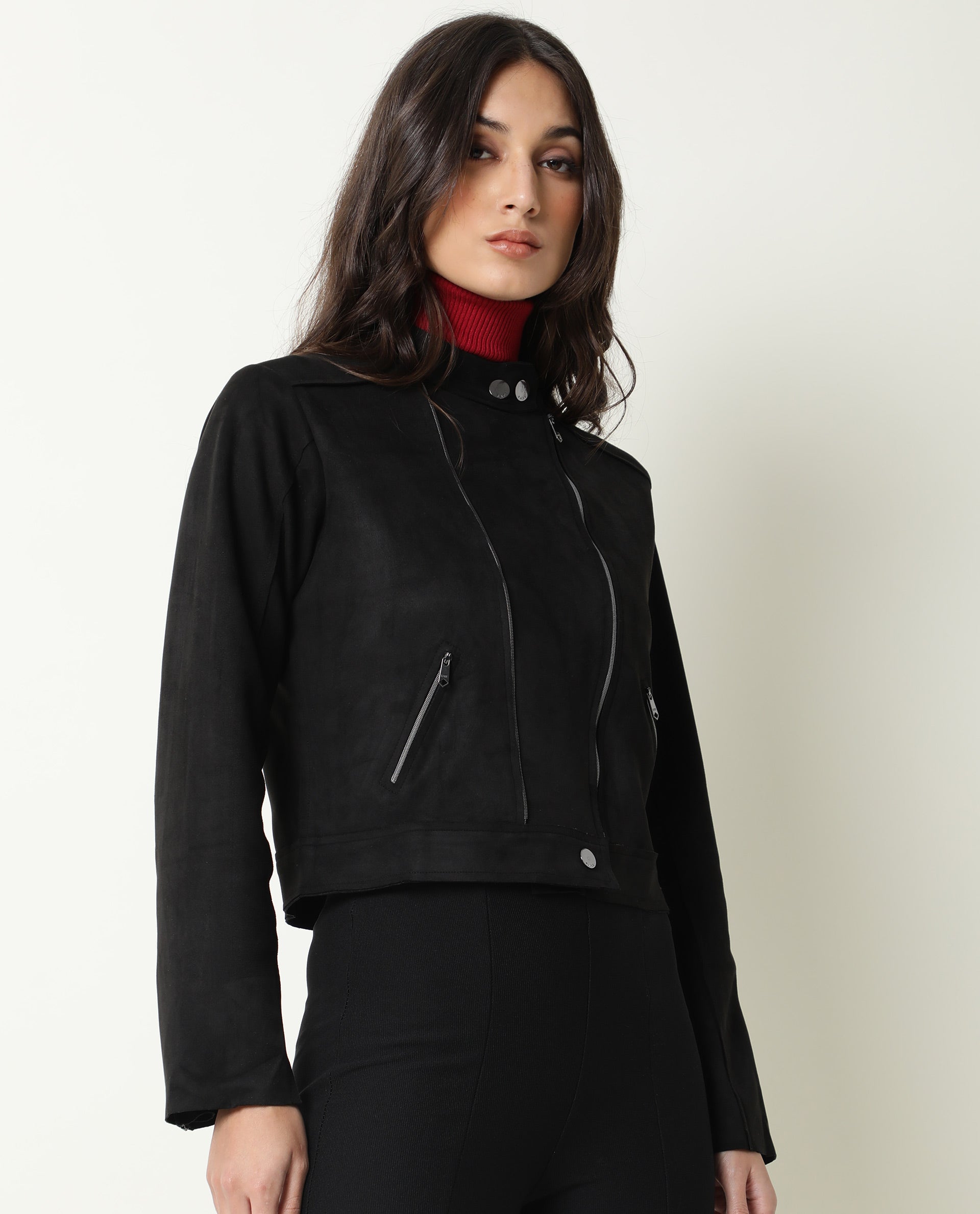 Rareism Women Everlee Black Polyester Fabric Full Sleeves Solid Mandarin Collar Jacket