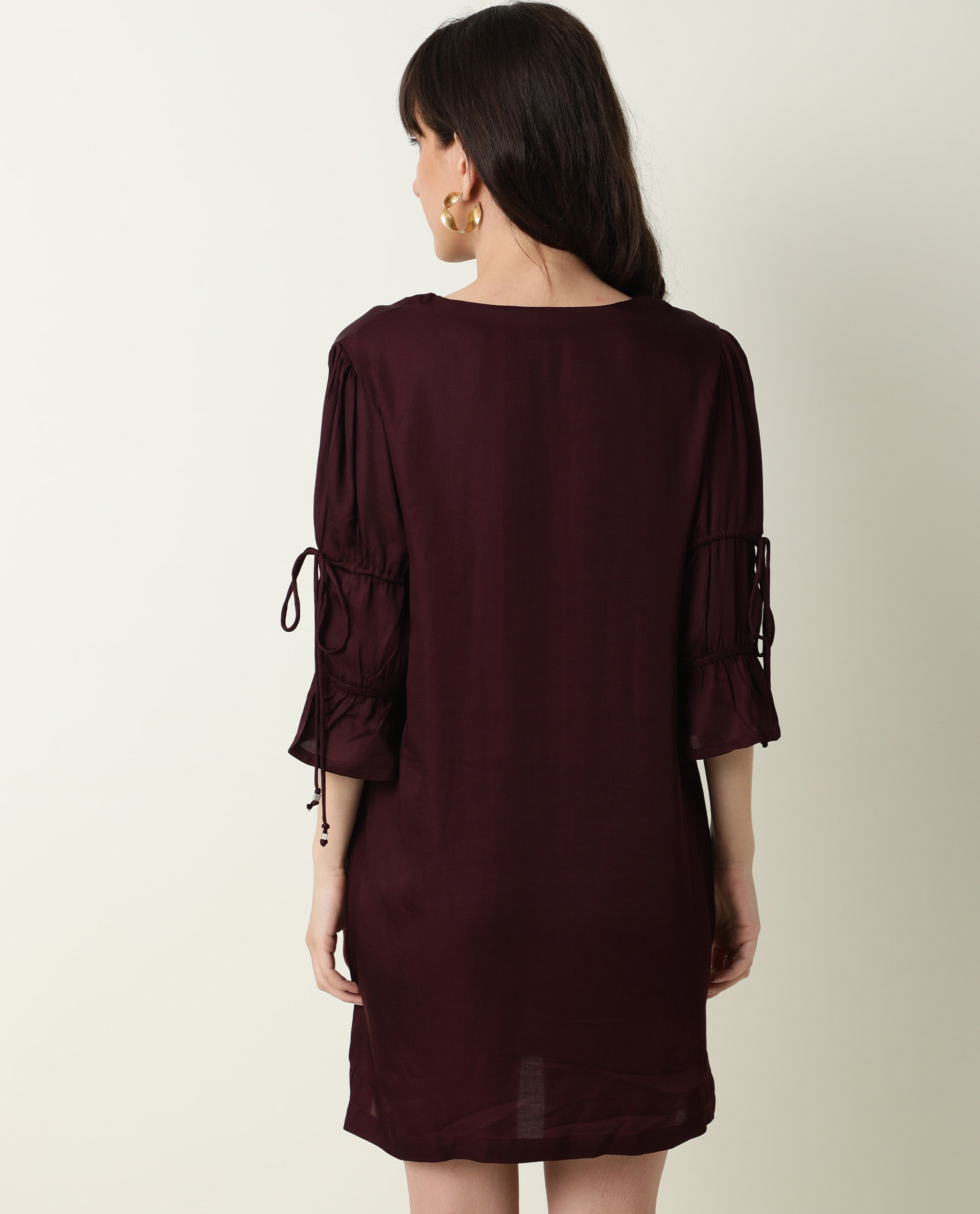 Rareism Women's Jamm Maroon V-Neck Plain Knee Length Regular Fit Dress