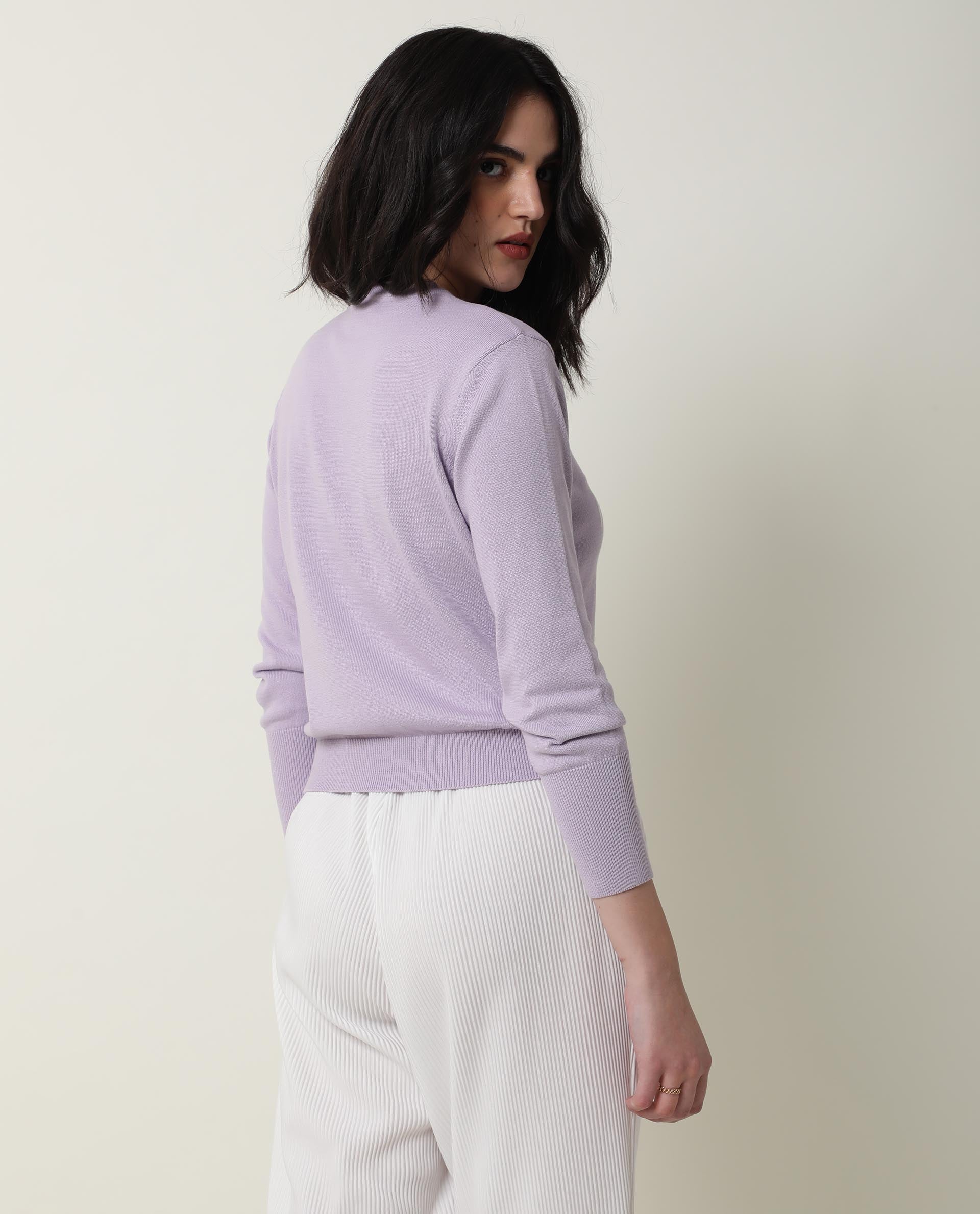 Rareism Women Plusho Light Purple Cotton Fabric Full Sleeves Regular Fit Embroidered Round Neck Sweater