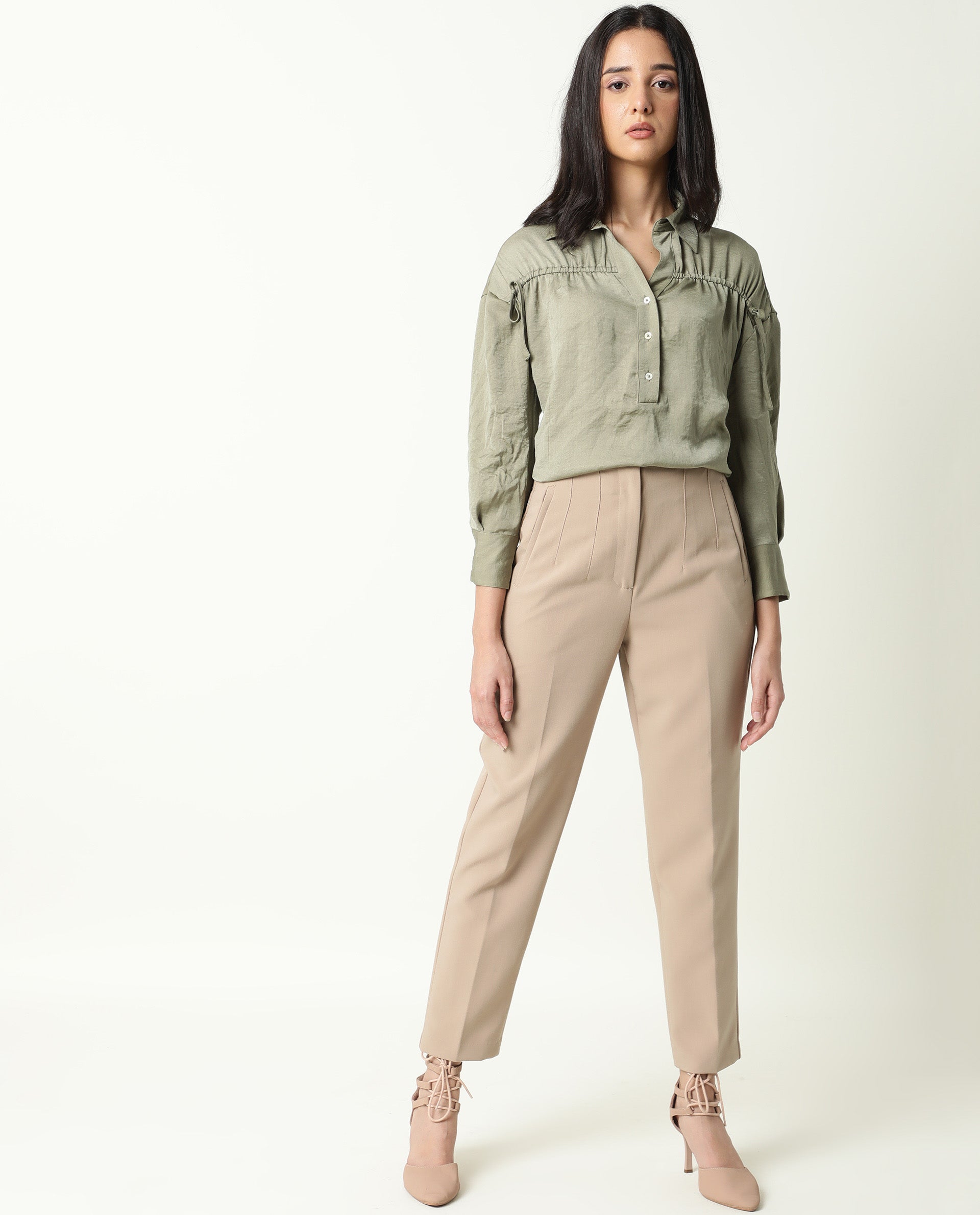 Rareism Women's Hullay Green Spread Collar Plain Knee Length Tailored Top