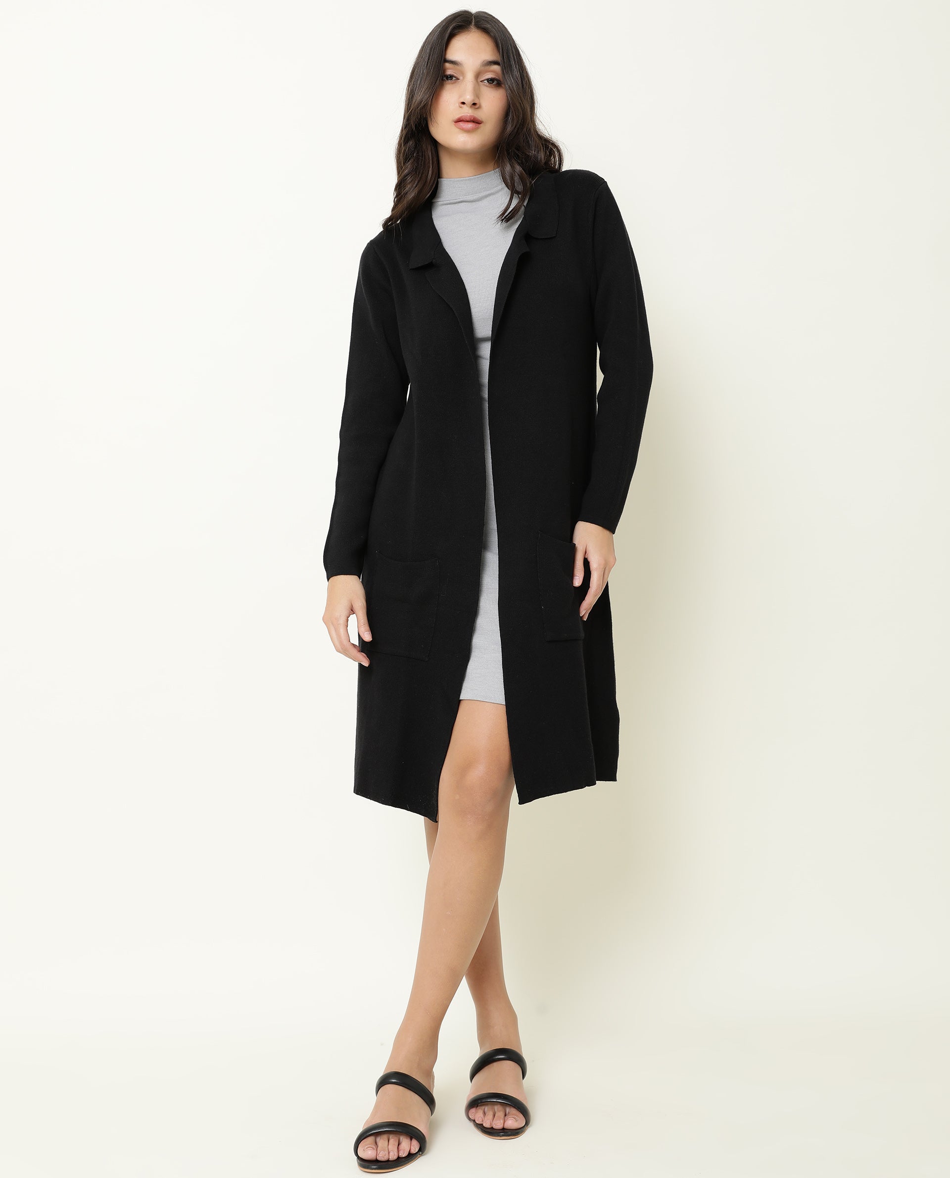 Rareism Women Trident Black Cotton Fabric Full Sleeves Knee Length Regular Fit Solid Lapel Neck Sweater